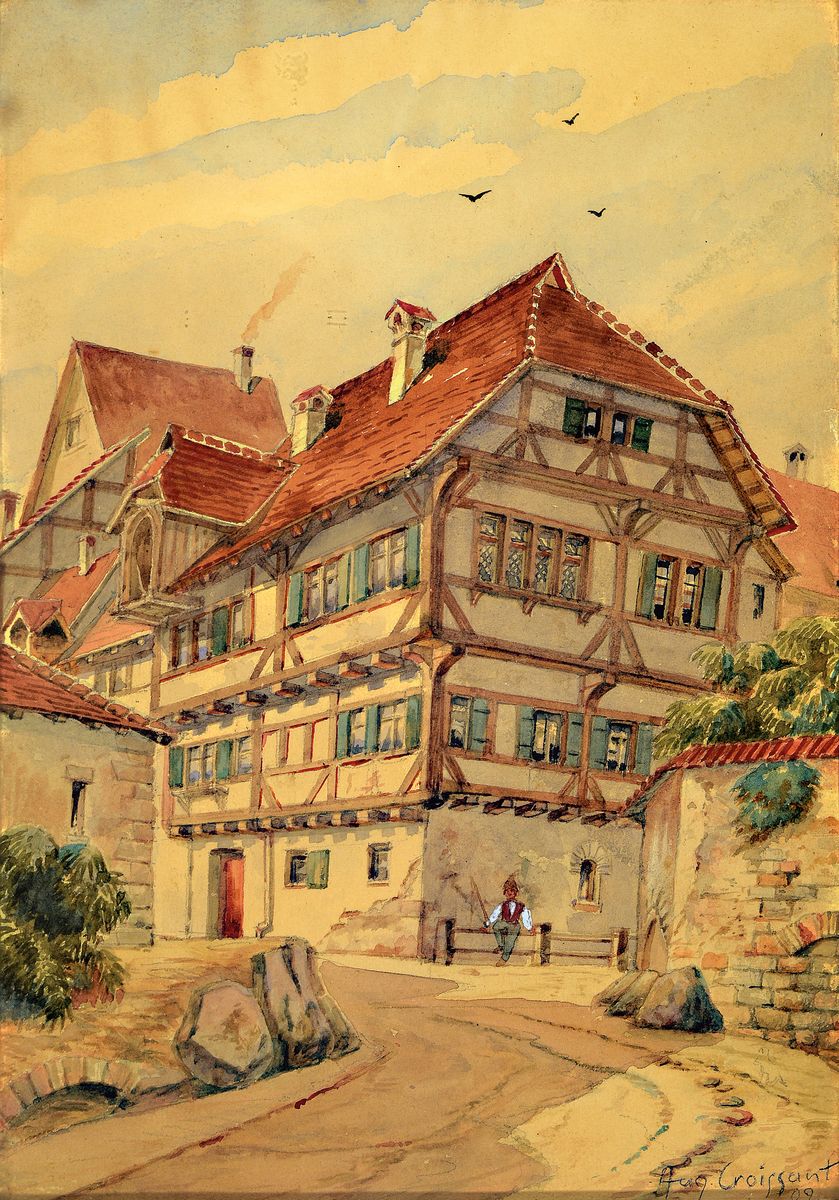 August Croissant, 1870 Edenkoben -1941 Landau, Aquarell, Dorfstraße, auf Papier, re. unten signiert und dat. 09, l. gebräunt, 25 x 17 cm, unter ...