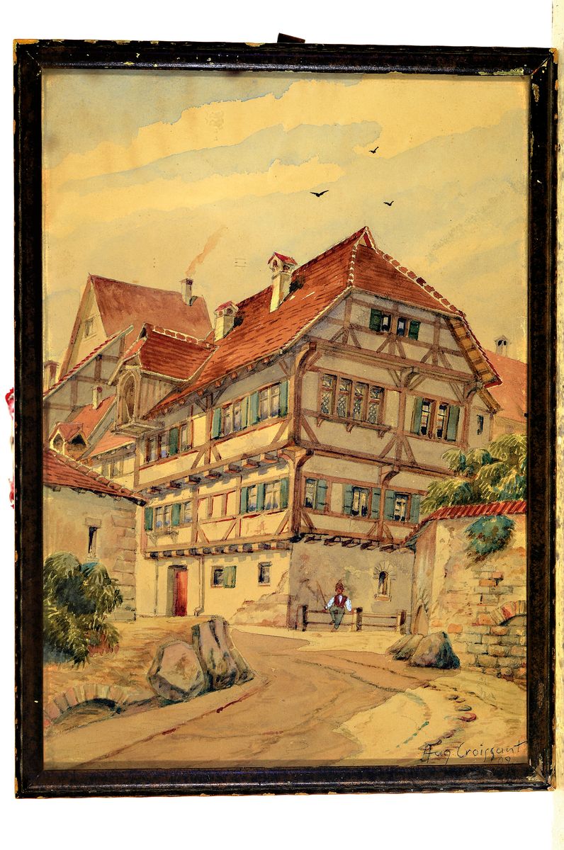 Detail k: August Croissant, 1870 Edenkoben -1941 Landau, Aquarell, Dorfstraße, auf Papier, re. unten signiert und dat. 09, l. gebräunt, 25 x 17 cm, unter ...