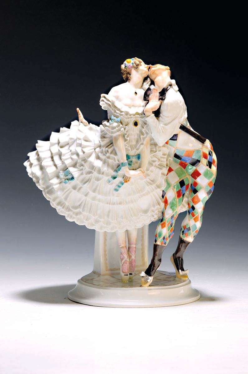 Porzellangruppe, Meissen, 20/30er Jahre, Entwurf Paul Scheurich von 1913, Ausformung 20/30er Jahre, Harlekin und Kolumbine aus dem Russischen ...