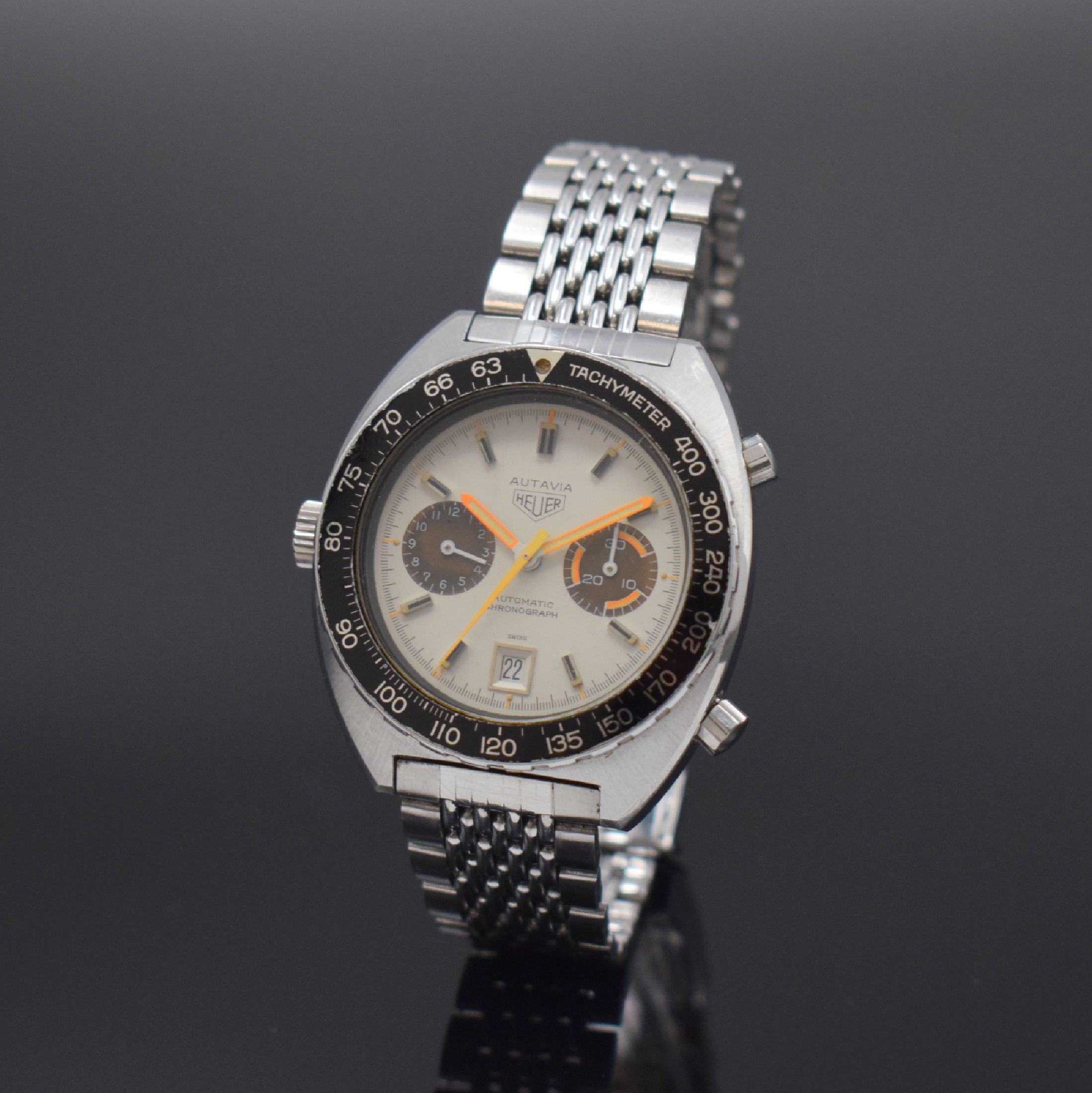 HEUER Autavia "Orange Boy" seltener Armbandchronograph in Edelstahl Referenz 11630, Schweiz um 1975, Automatik, orig. Gay Freres ...