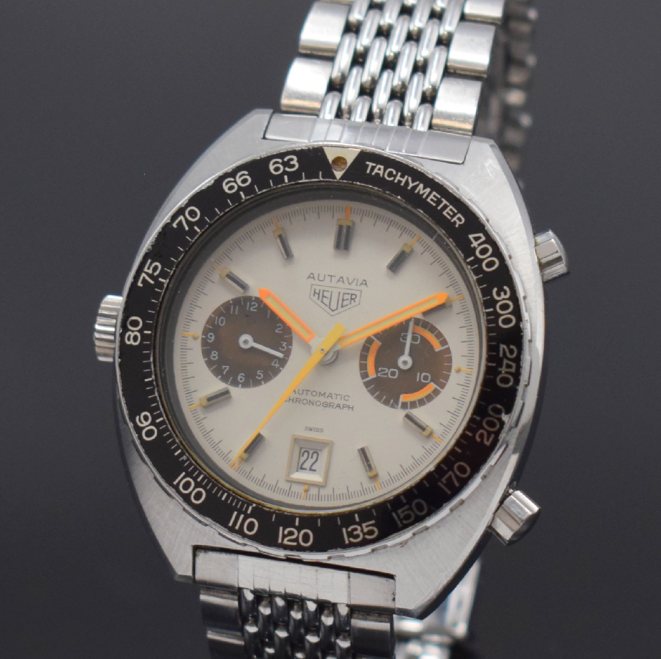 Detail a: HEUER Autavia "Orange Boy" seltener Armbandchronograph in Edelstahl Referenz 11630, Schweiz um 1975, Automatik, orig. Gay Freres ...