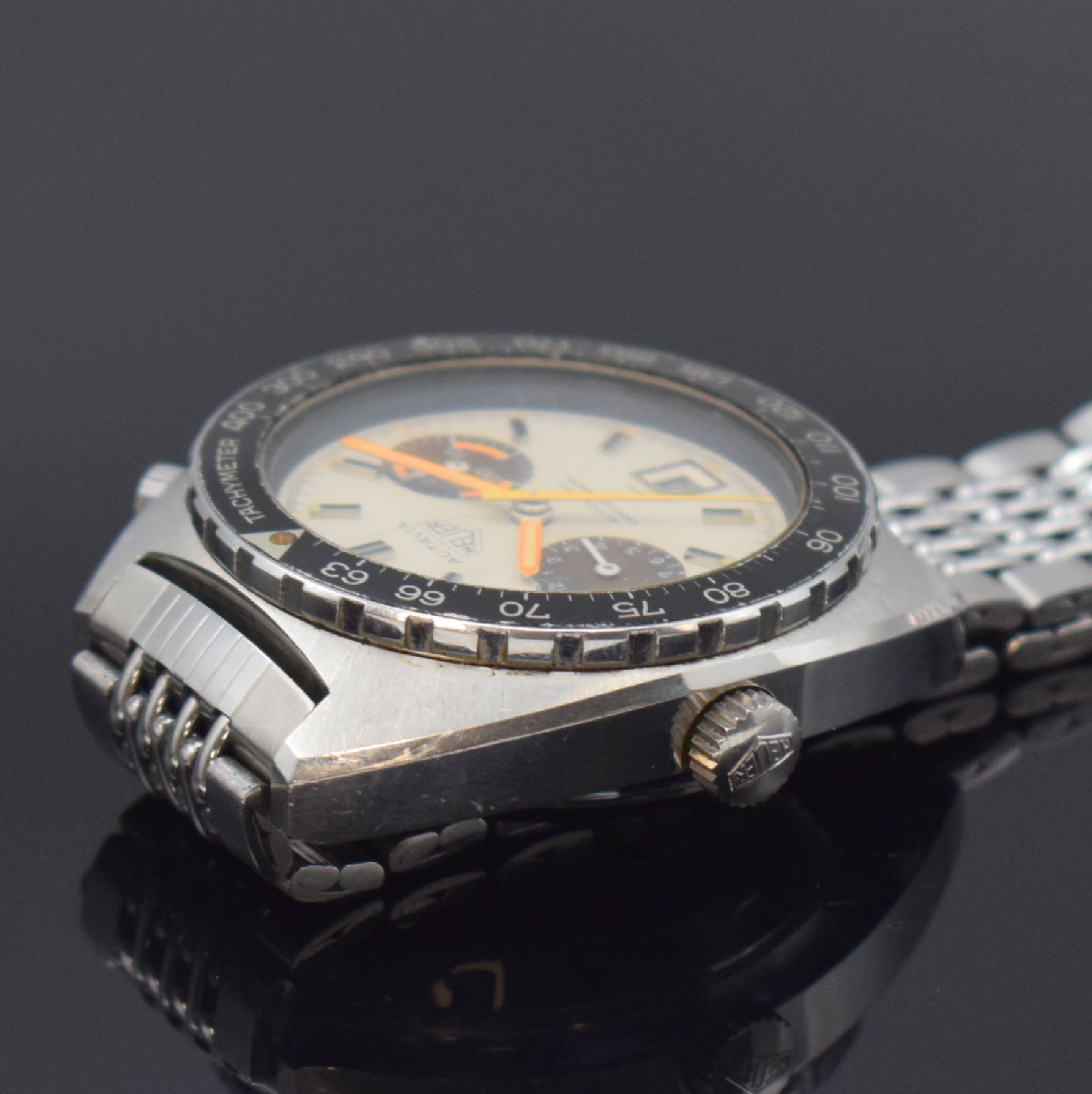 Detail c: HEUER Autavia "Orange Boy" seltener Armbandchronograph in Edelstahl Referenz 11630, Schweiz um 1975, Automatik, orig. Gay Freres ...