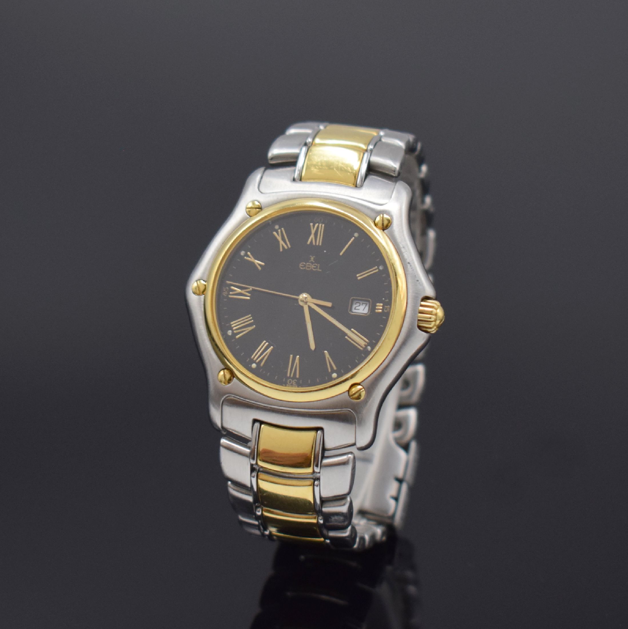 EBEL Armbanduhr Serie 1911 Referenz 187902, Schweiz um 1995, quarz, Edelstahlgeh. inkl. z. T. verg. Gliederband m. Faltschl., 18k Goldlünette gegen ...