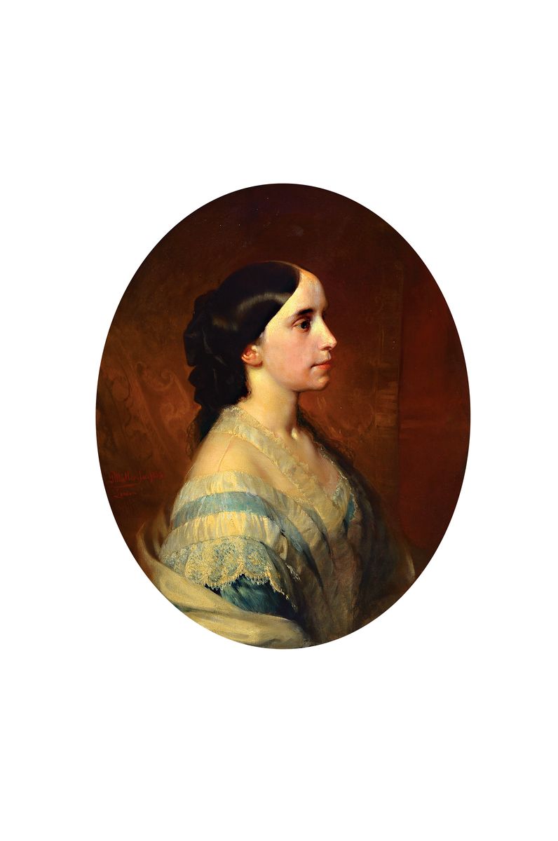 Gottlieb Müller, 1827-1884, Porträt einer Frau, Öl/Lwd, seitlich links sign., dat. 1858 und bez. London, im Oval ca. 73x59cm, R. ca. 96x83cm