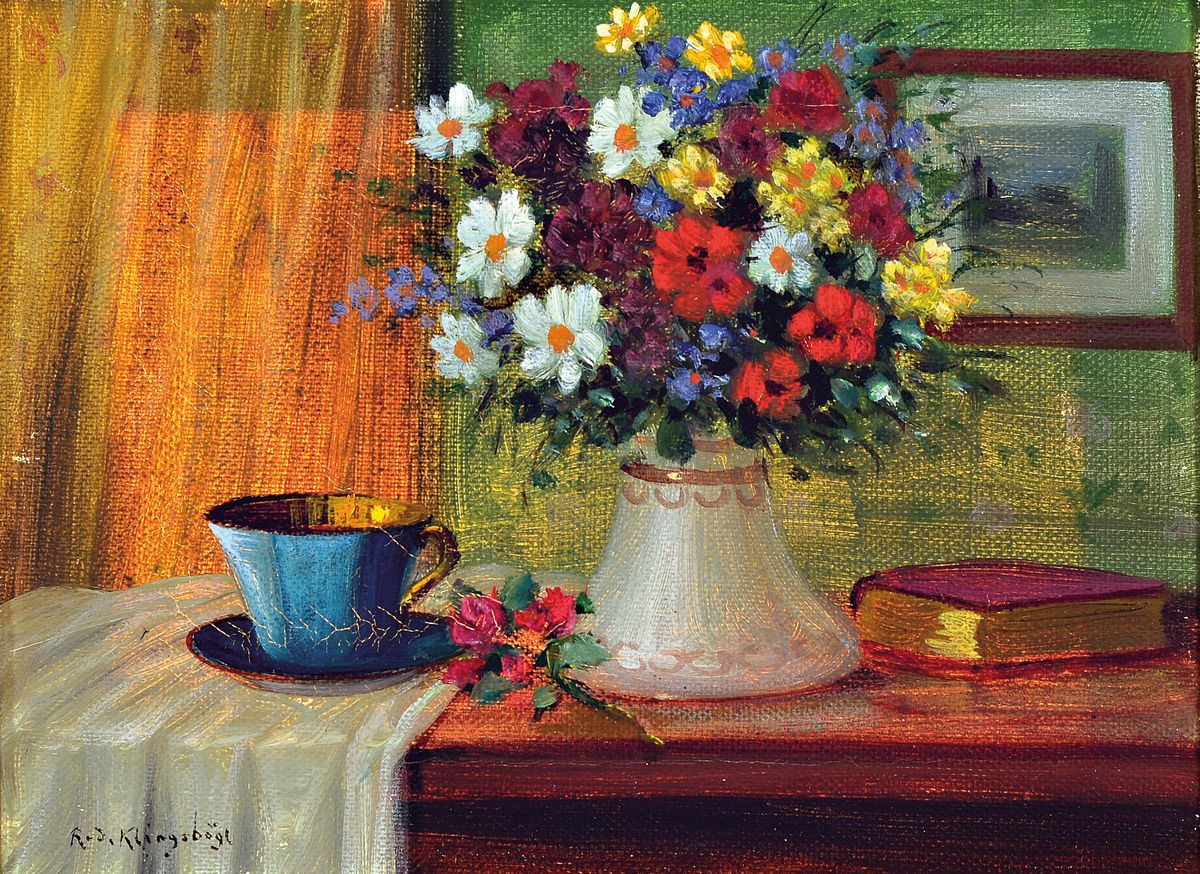 Rudolf Klingsbögl, 1881-1943 Wien, Stillleben mit Blumen, Tasse und Buch, Öl/ Lwd, links unten sign., ca.16x21cm, R. ca. 22x28cm