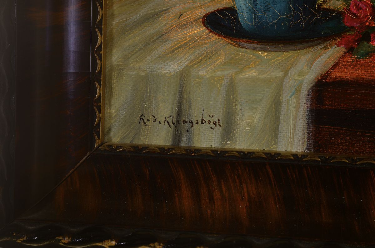 Detail a: Rudolf Klingsbögl, 1881-1943 Wien, Stillleben mit Blumen, Tasse und Buch, Öl/ Lwd, links unten sign., ca.16x21cm, R. ca. 22x28cm