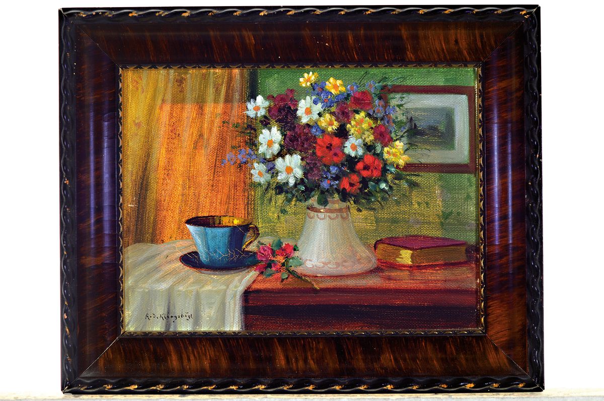 Detail k: Rudolf Klingsbögl, 1881-1943 Wien, Stillleben mit Blumen, Tasse und Buch, Öl/ Lwd, links unten sign., ca.16x21cm, R. ca. 22x28cm