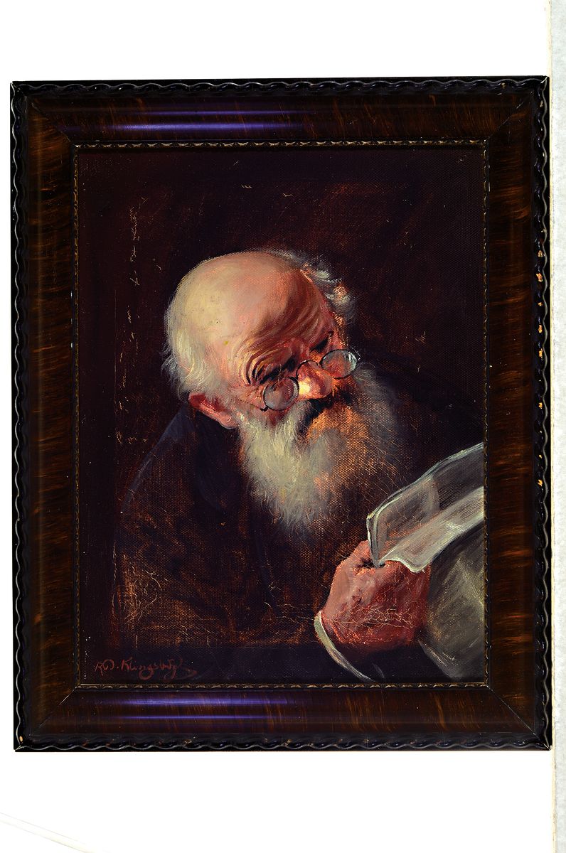 Detail k: Rudolf Klingsbögl, 1881-1943 Wien, Porträt eines alten lesenden Mannes, feine detaillierte Malerei in Öl/Lwd, links unten sign., ca. 311x23cm, R. ...