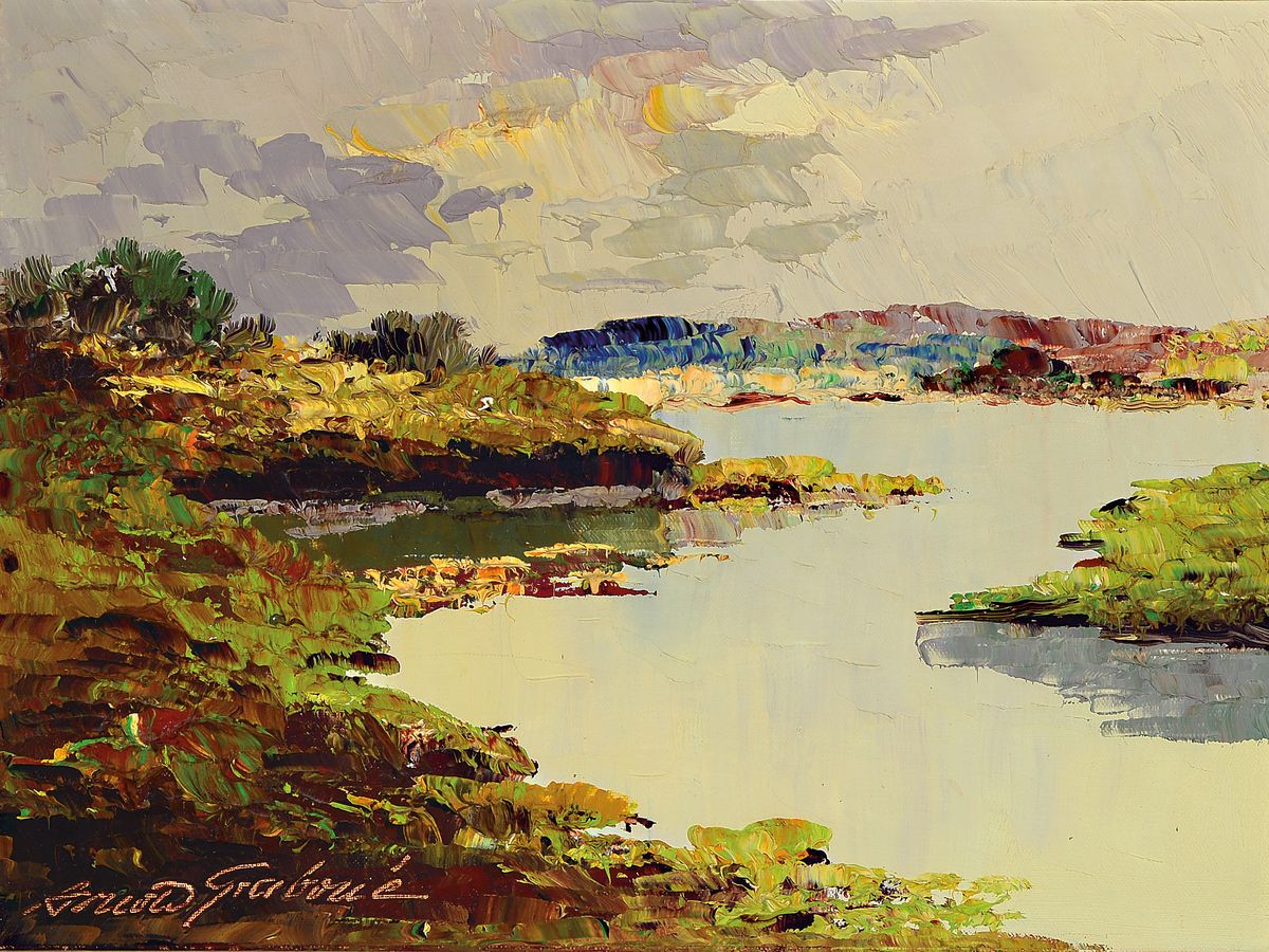 Arnold Graboné, 1896 München-1982 Starnberg,Weite Landschaft mit Fluss, Öl/Lwd, expressiveSpachteltechnik, links unten signiert, ca. 30x40cm, R. ...