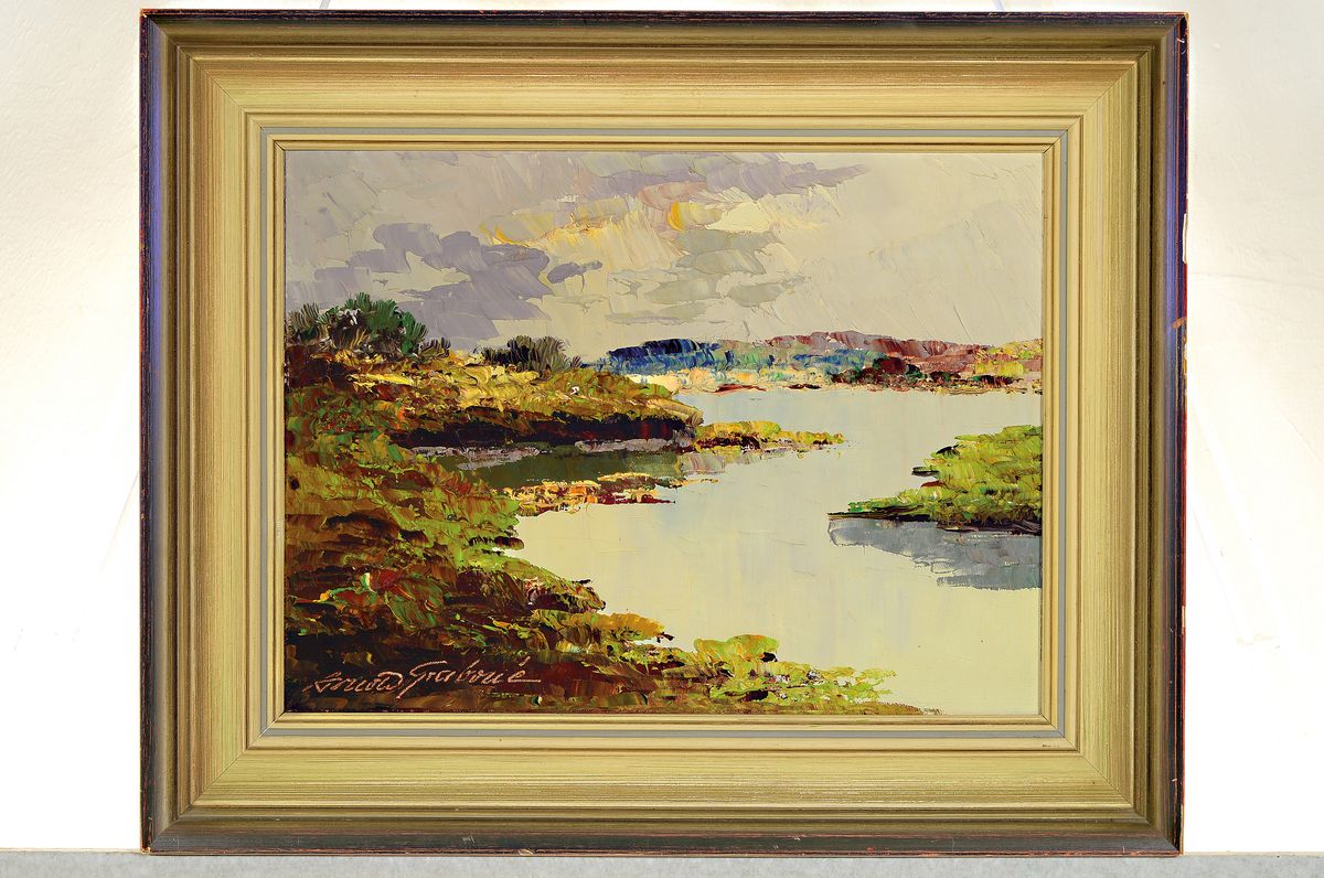 Detail k: Arnold Graboné, 1896 München-1982 Starnberg,Weite Landschaft mit Fluss, Öl/Lwd, expressiveSpachteltechnik, links unten signiert, ca. 30x40cm, R. ...