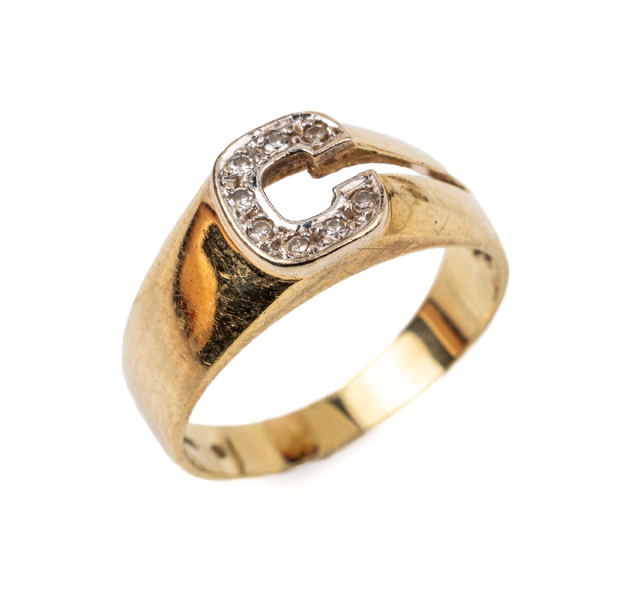 14 kt Gold Diamant-Ring, GG/WG 585/000, Ringkopf in Form eines C in WG mit kl. 8/8-Diamanten, RW 58, ca. 4.6 g