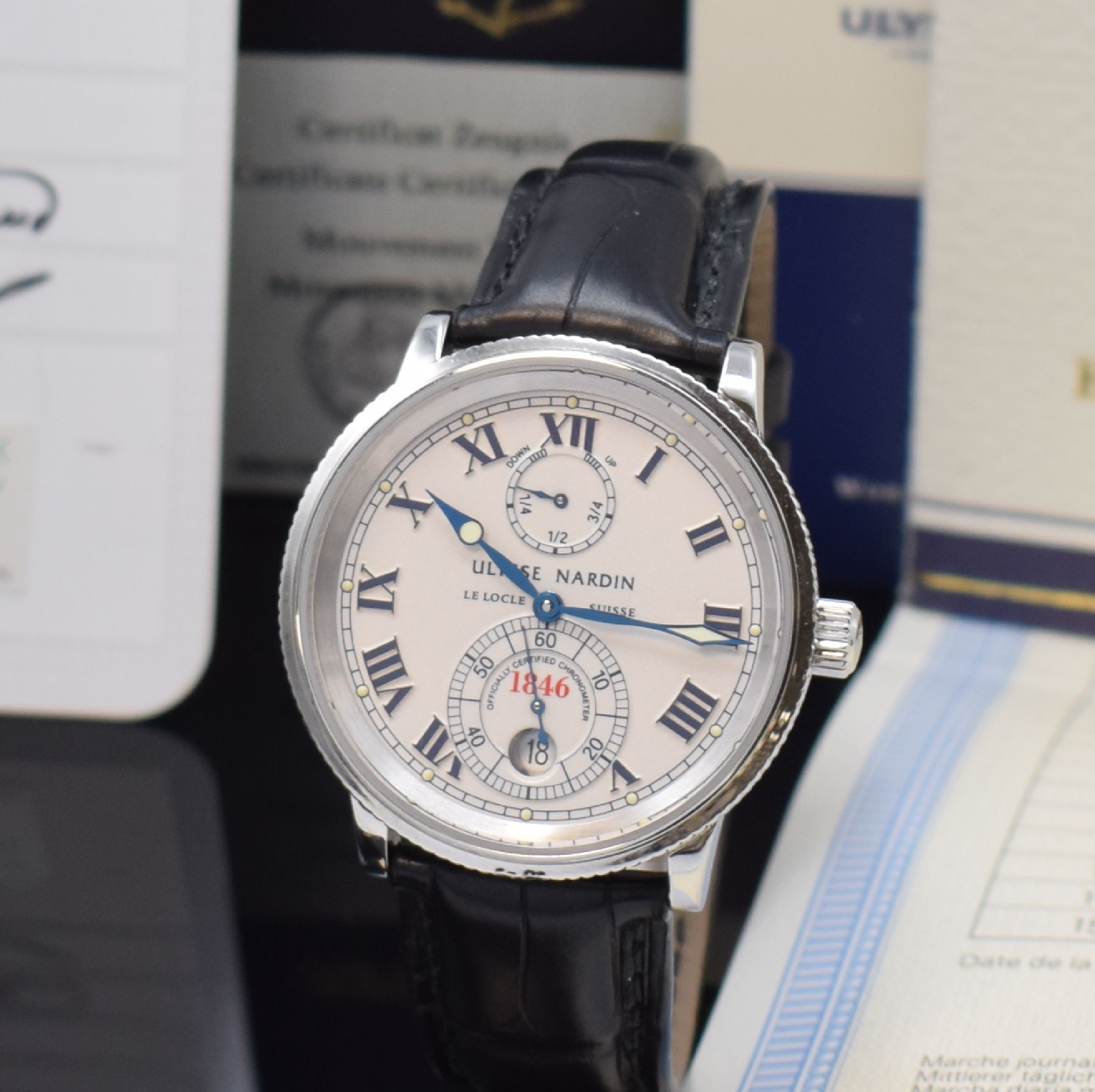 Detail a: ULYSSE NARDIN Marine 1846 Armbandchronometer Referenz 263-22, Automatik, Schweiz um 2000, Edelstahlgeh. inkl. orig. Lederband m. orig. Dornschl., ...