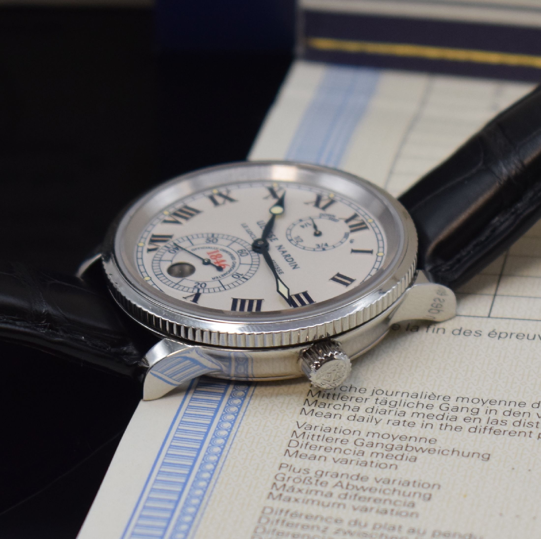 Detail c: ULYSSE NARDIN Marine 1846 Armbandchronometer Referenz 263-22, Automatik, Schweiz um 2000, Edelstahlgeh. inkl. orig. Lederband m. orig. Dornschl., ...