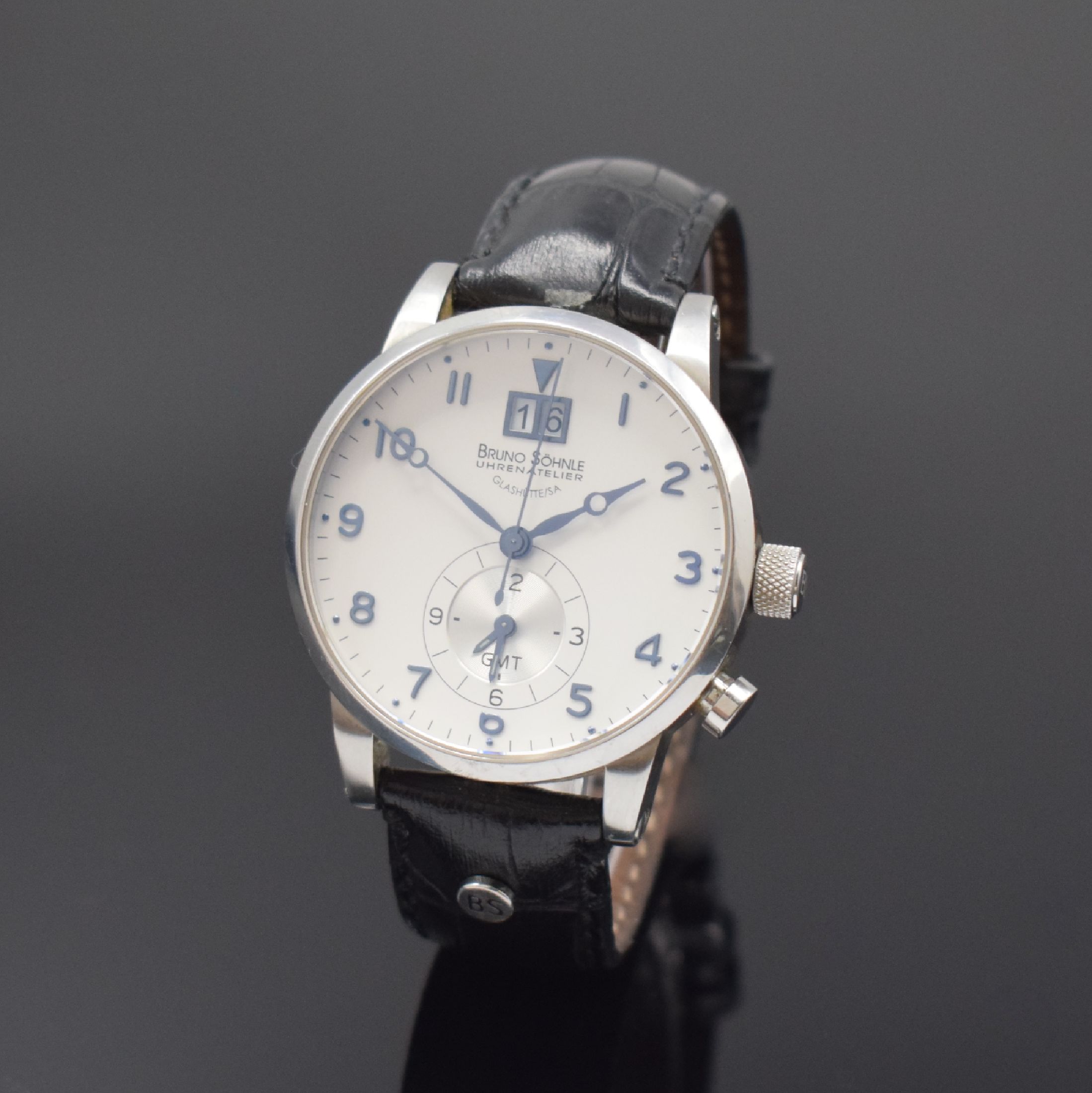 BRUNO SÖHNLE Armbanduhr Milano GMT, Edelstahlgeh. inkl. orig. Lederband m. dopp. Faltschl., quarz, Boden verschr., silb. Zifferbl., gebl. Zeiger, ...