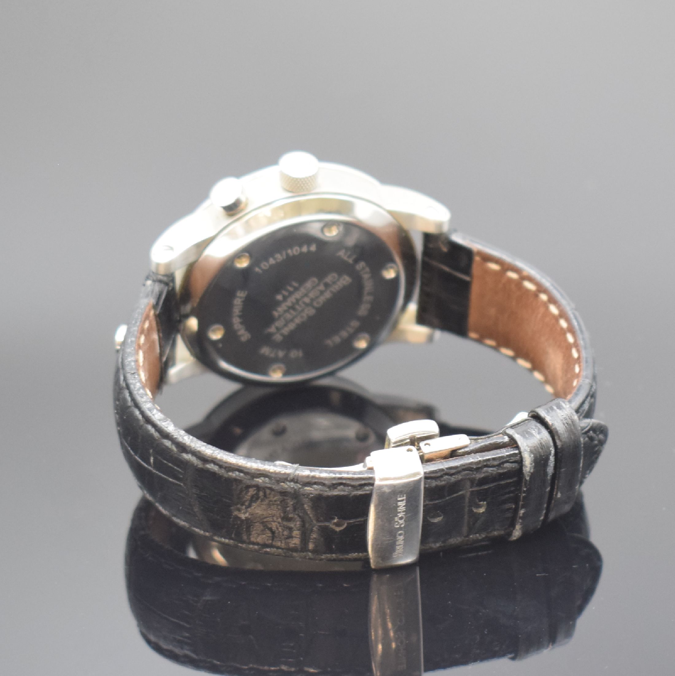 Detail b: BRUNO SÖHNLE Armbanduhr Milano GMT, Edelstahlgeh. inkl. orig. Lederband m. dopp. Faltschl., quarz, Boden verschr., silb. Zifferbl., gebl. Zeiger, ...