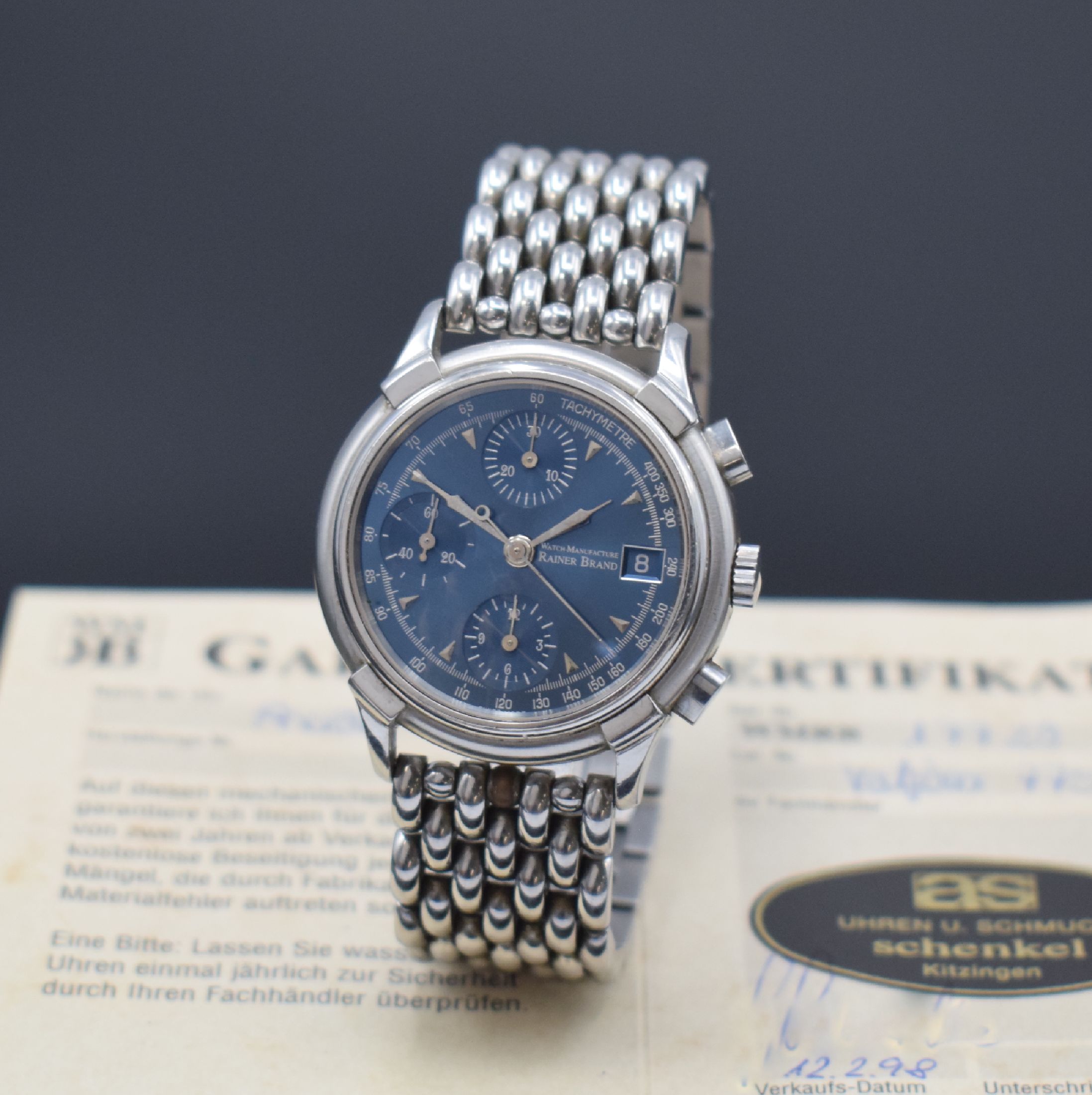 RAINER BRAND Armbandchronograph Modell Axiom, Automatik, Edelstahlgeh. inkl. orig. Gliederband m. dopp. Faltschl., beids. vergl., Boden verschr., ...