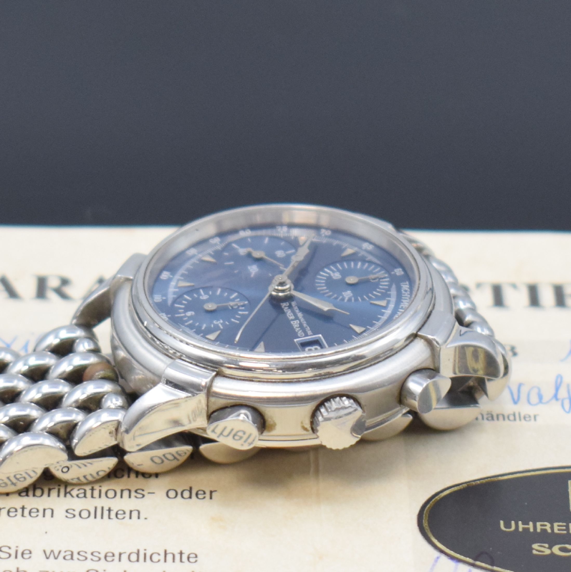 Detail c: RAINER BRAND Armbandchronograph Modell Axiom, Automatik, Edelstahlgeh. inkl. orig. Gliederband m. dopp. Faltschl., beids. vergl., Boden verschr., ...