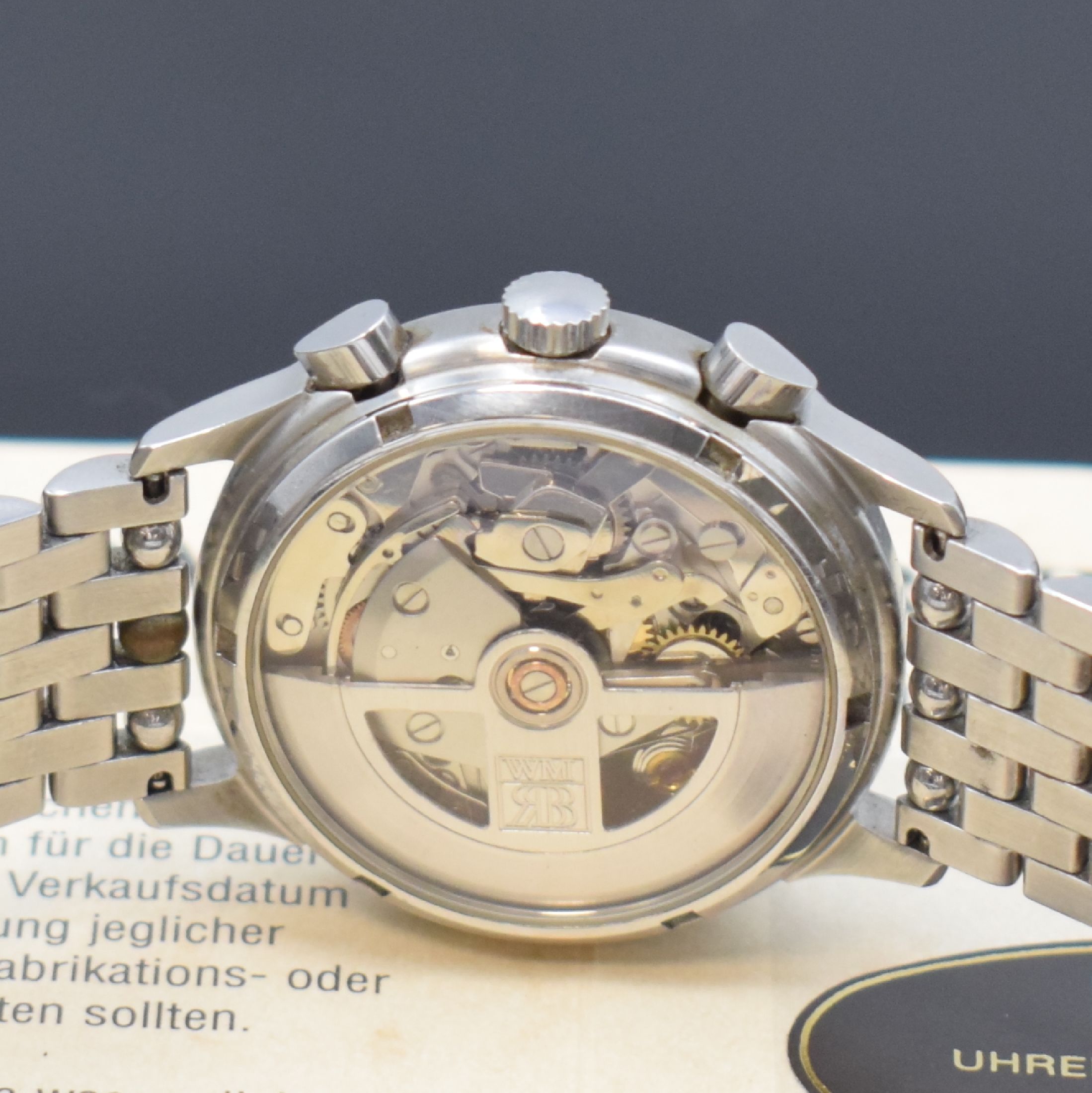 Detail d: RAINER BRAND Armbandchronograph Modell Axiom, Automatik, Edelstahlgeh. inkl. orig. Gliederband m. dopp. Faltschl., beids. vergl., Boden verschr., ...