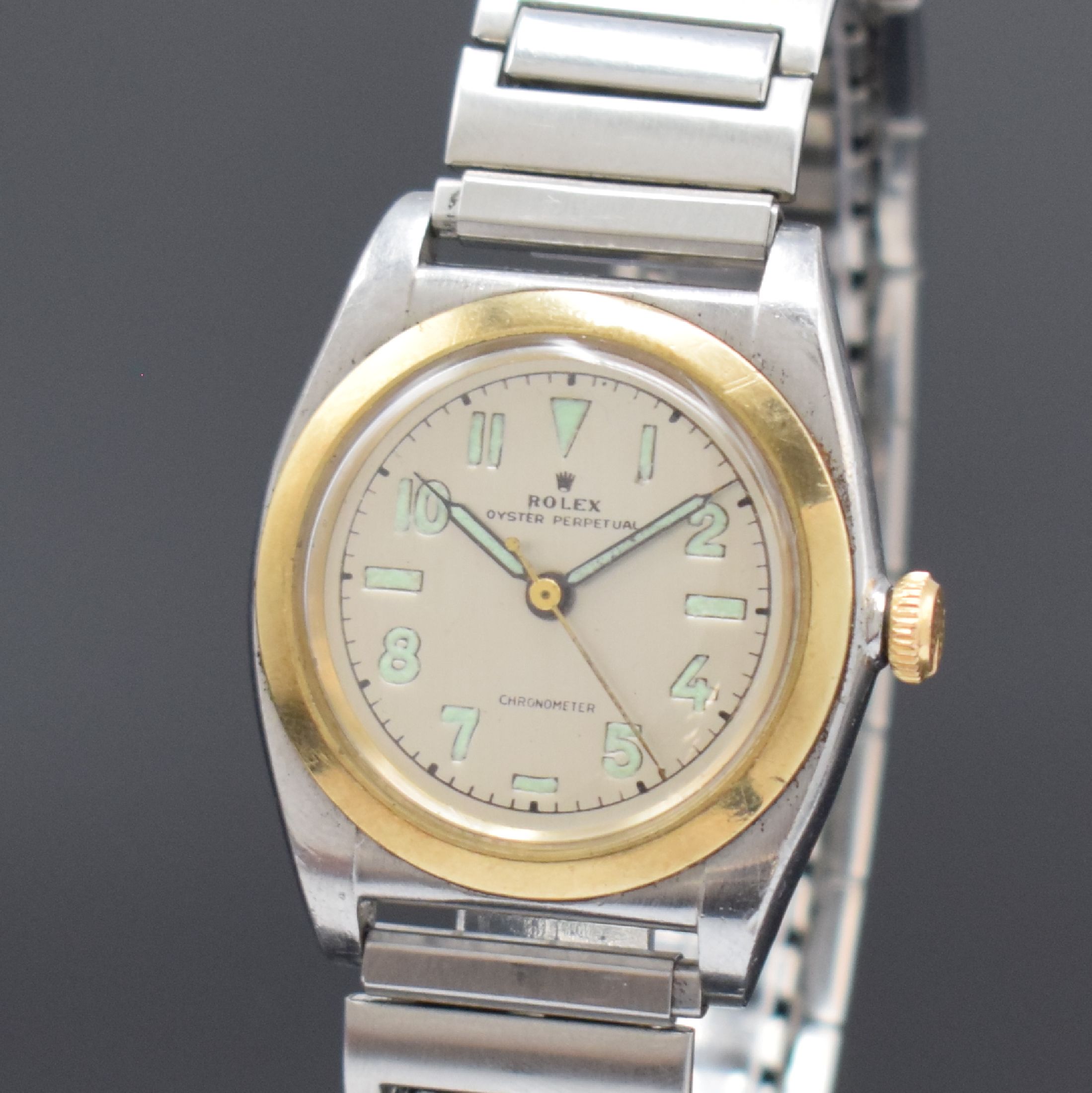 Detail a: ROLEX Oyster Perpetual Bubble Back Herrenarmbanduhr Referenz 3133, Schweiz um 1945, Automatik, verschr. Edelstahlgehäuse mit Goldlünette, Flexband, ...