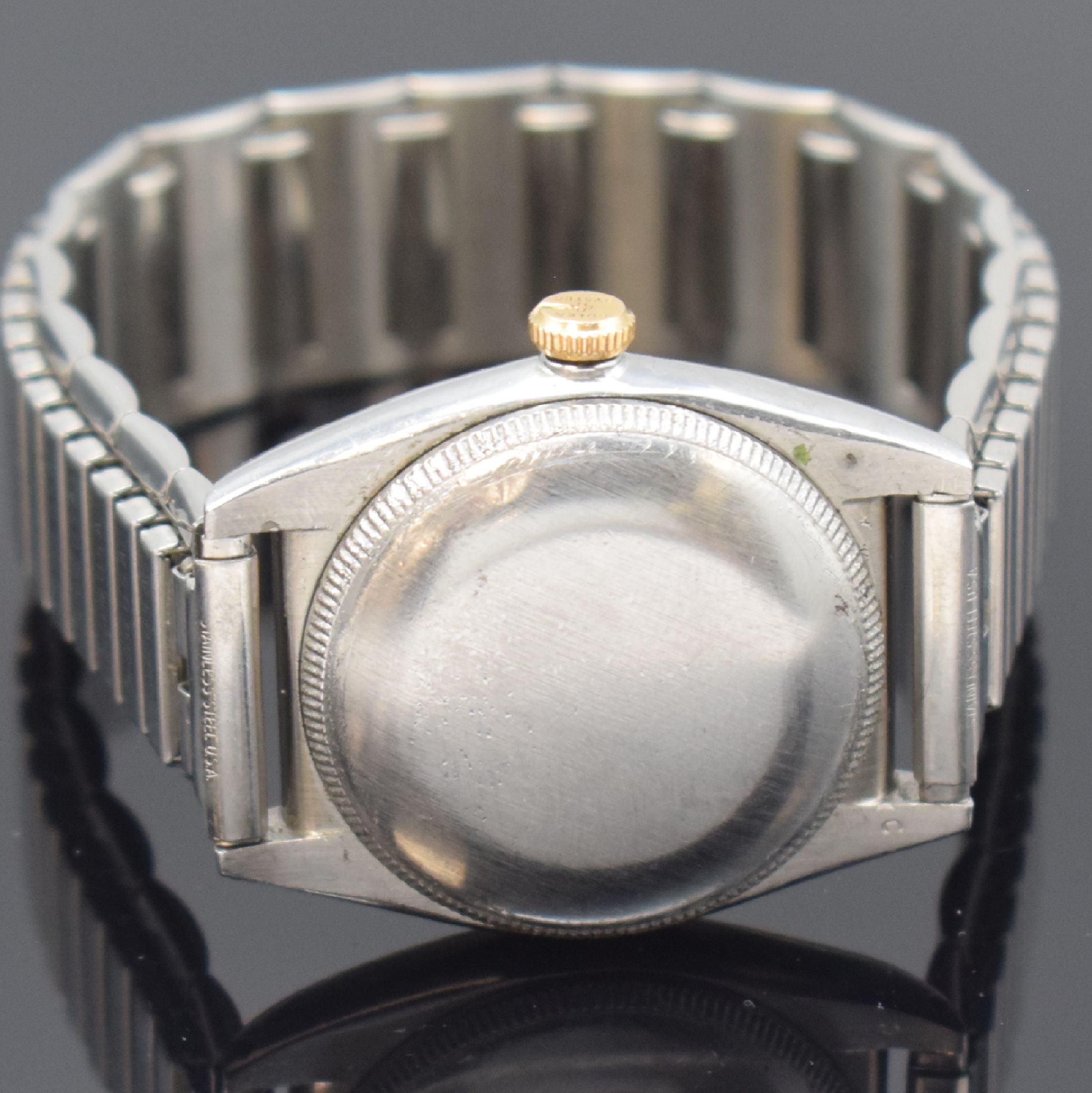 Detail c: ROLEX Oyster Perpetual Bubble Back Herrenarmbanduhr Referenz 3133, Schweiz um 1945, Automatik, verschr. Edelstahlgehäuse mit Goldlünette, Flexband, ...