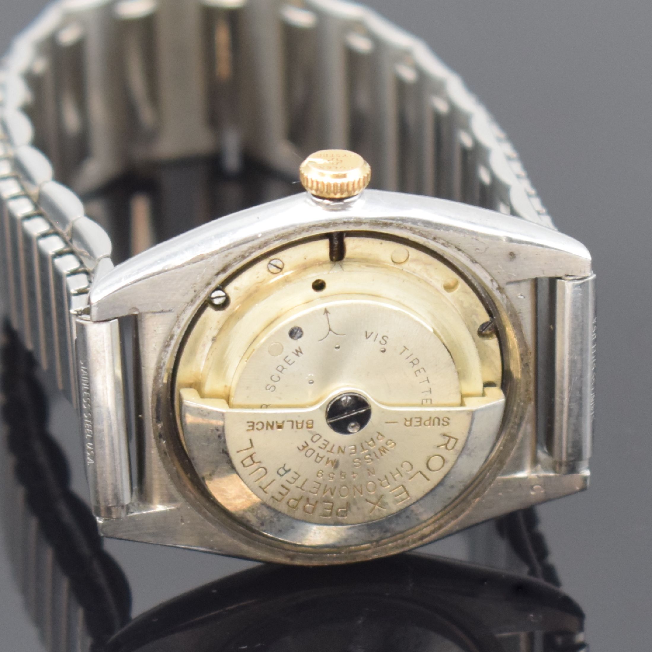 Detail d: ROLEX Oyster Perpetual Bubble Back Herrenarmbanduhr Referenz 3133, Schweiz um 1945, Automatik, verschr. Edelstahlgehäuse mit Goldlünette, Flexband, ...
