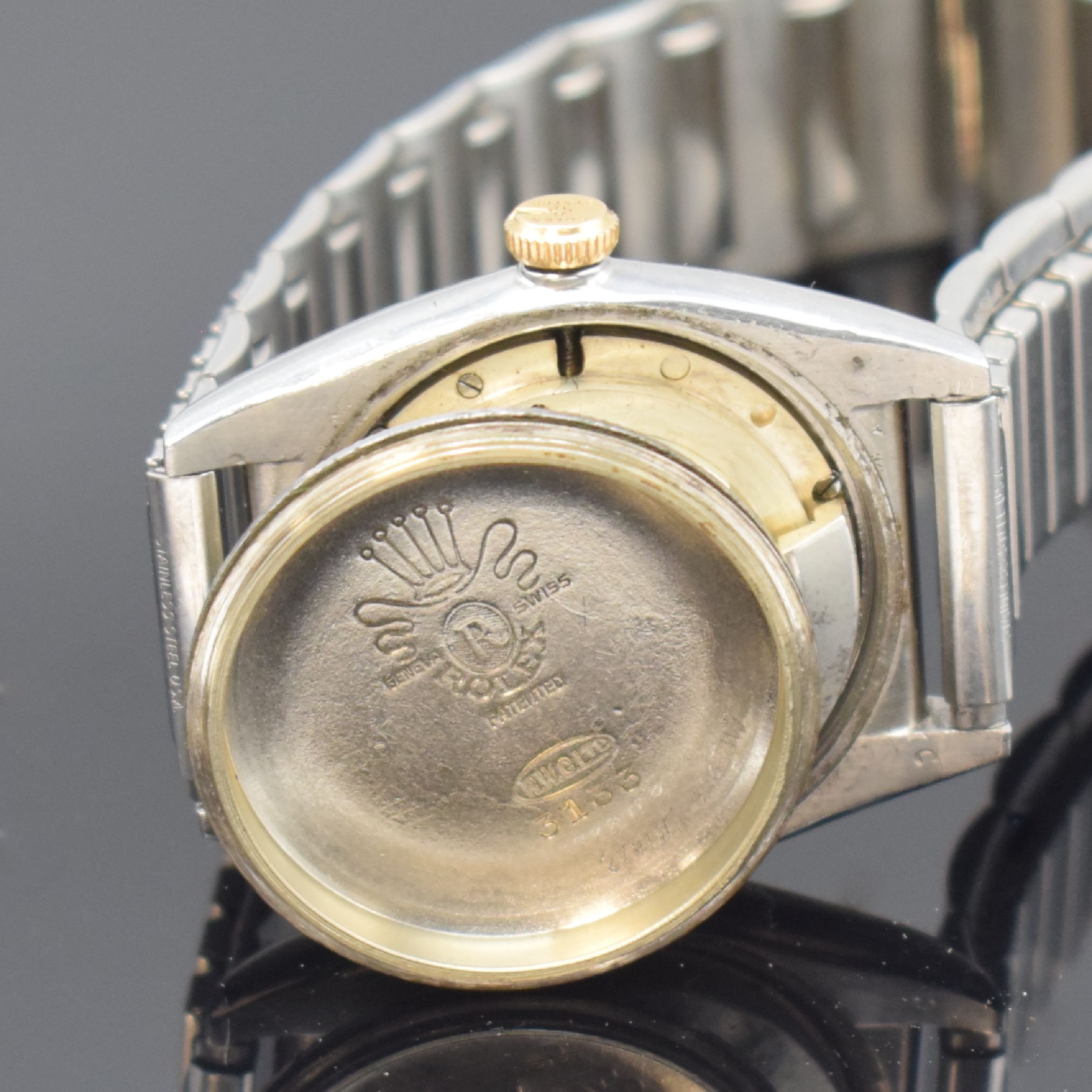 Detail f: ROLEX Oyster Perpetual Bubble Back Herrenarmbanduhr Referenz 3133, Schweiz um 1945, Automatik, verschr. Edelstahlgehäuse mit Goldlünette, Flexband, ...
