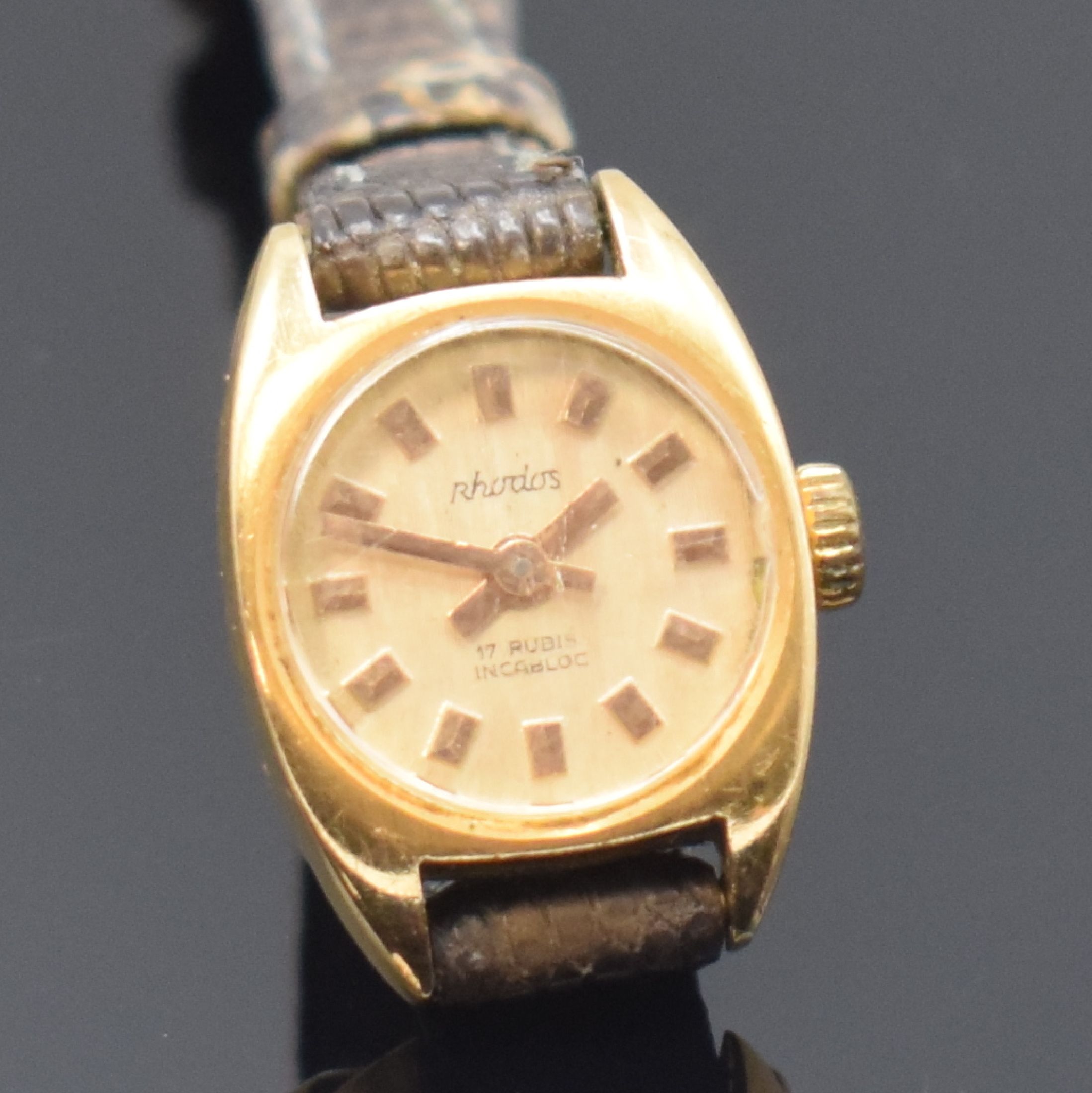 Detail a: RHODOS und GENEVE 2 Damenarmbanduhren in GG 750/000 und 585/000, Schweiz um 1970 - 1980, 1) Rhodos in GG 750/000, Handaufzug Kal. AS 1077, D. ca. 17 ...