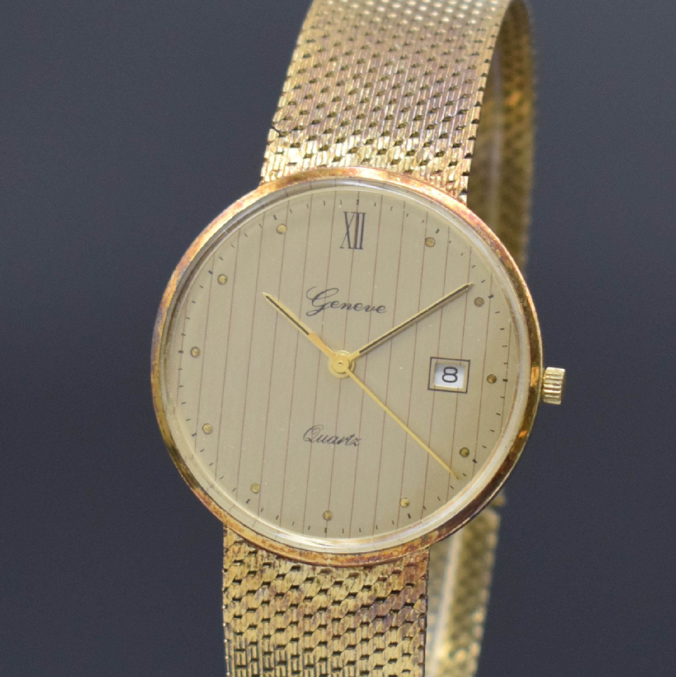 Detail a: GENEVE Herrenarmbanduhr in GG 585/000 mit Goldband, Schweiz um 1980, quarz, 2-teil. Geh., Boden aufgedr., gold. Zifferbl. u. Zeiger, Datum, D. ca. 34 ...