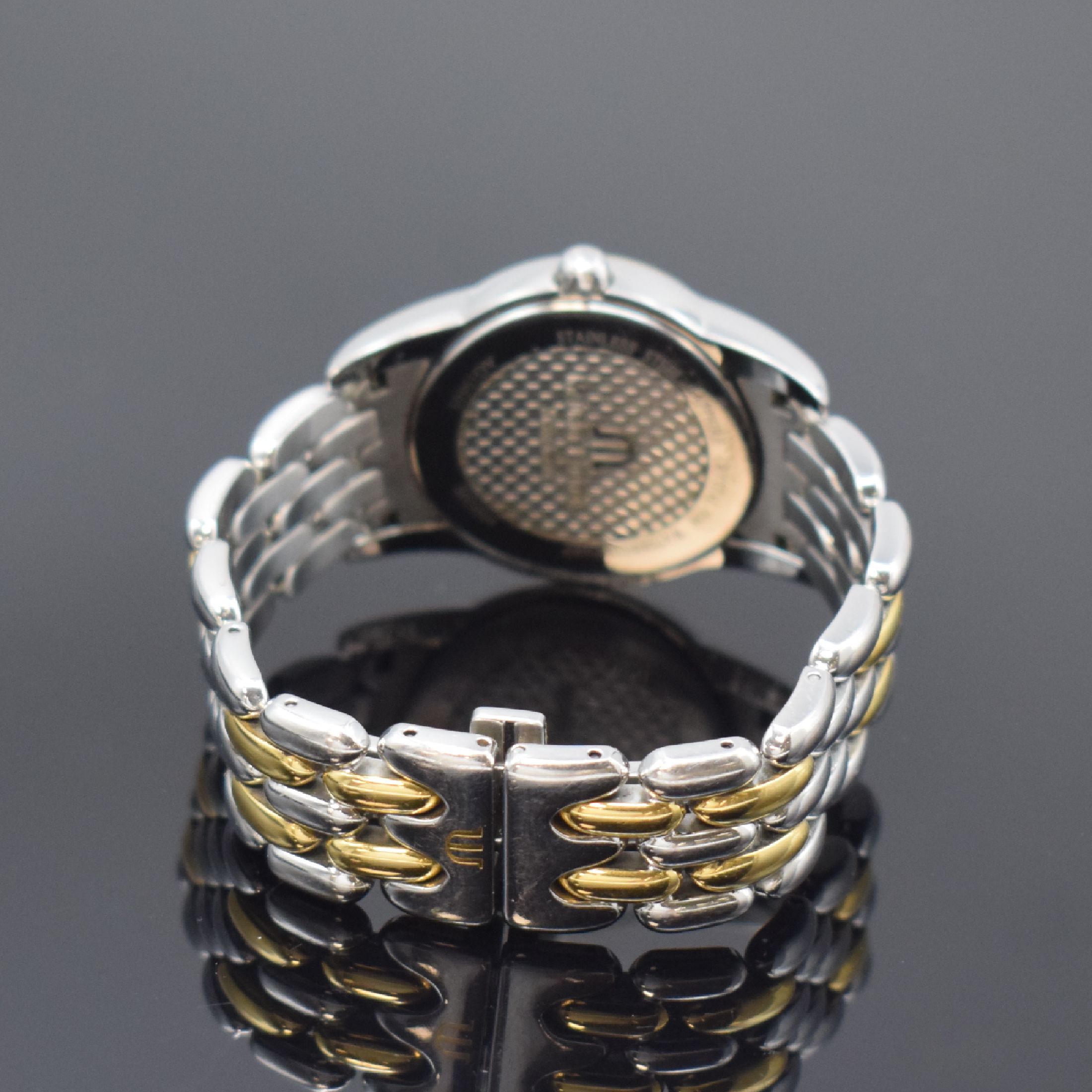 Detail b: MAURICE LACROIX Damenarmbanduhr Serie Sphere Referenz SH1014, Schweiz um 2005, quarz, Stahl u. Gold komb., Boden gedr., Gliederband m. dopp. ...
