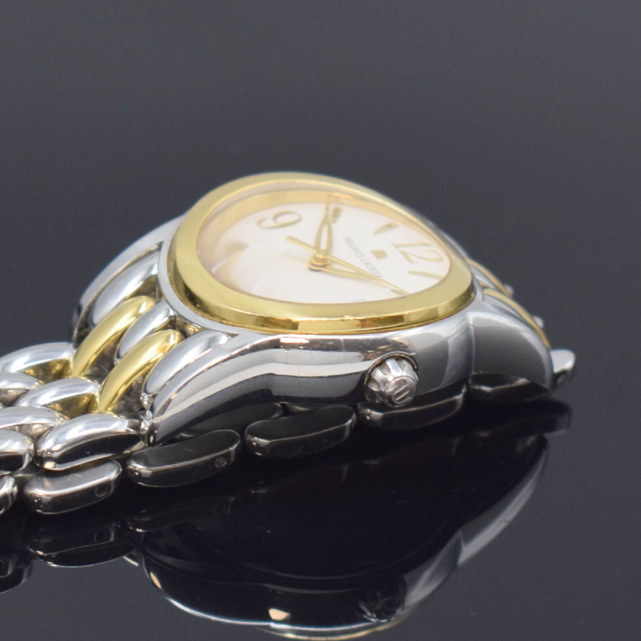 Detail c: MAURICE LACROIX Damenarmbanduhr Serie Sphere Referenz SH1014, Schweiz um 2005, quarz, Stahl u. Gold komb., Boden gedr., Gliederband m. dopp. ...