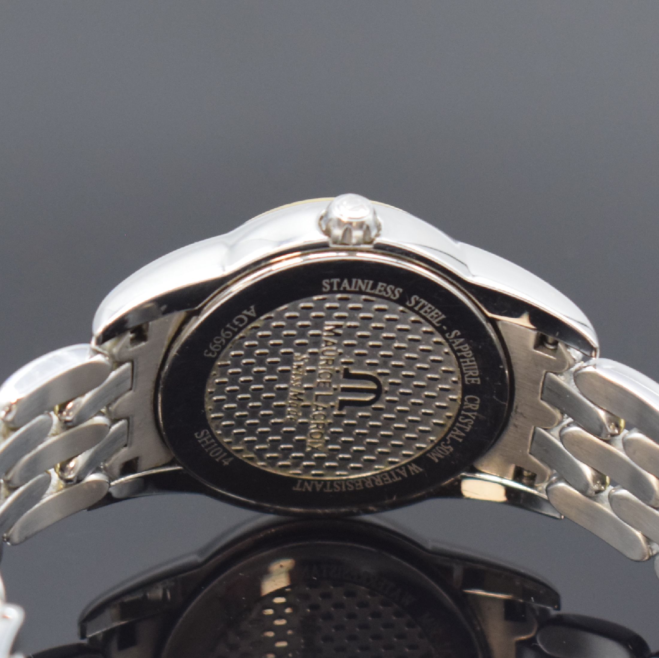 Detail d: MAURICE LACROIX Damenarmbanduhr Serie Sphere Referenz SH1014, Schweiz um 2005, quarz, Stahl u. Gold komb., Boden gedr., Gliederband m. dopp. ...