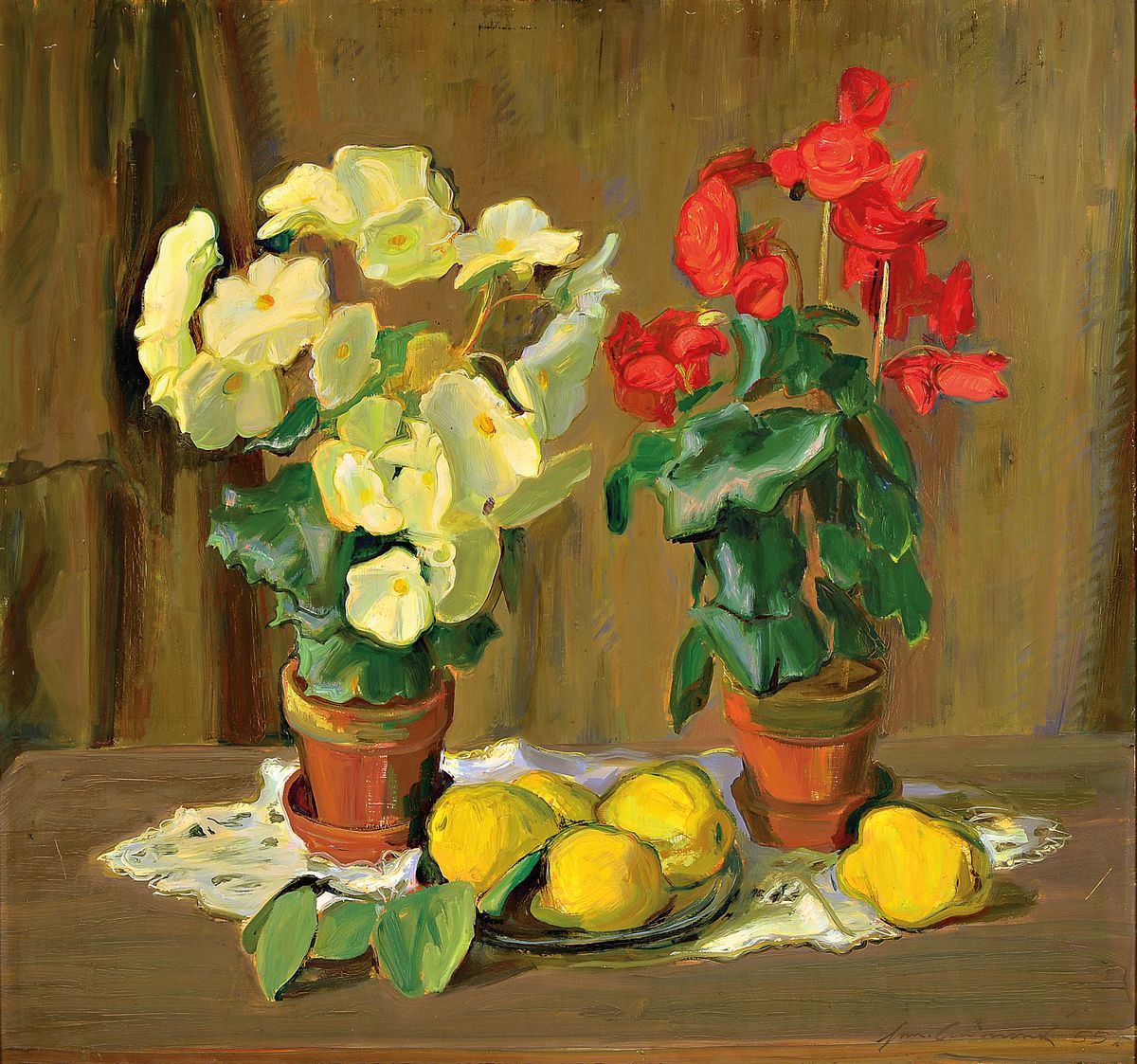 Hermann Croissant, 1897-1963 Landau, Stillleben mit fleißigen Lieschen, Alpenveilchen und Quitten, Öl/Hartfaser, rechts unten signiert und dat. 55, ...