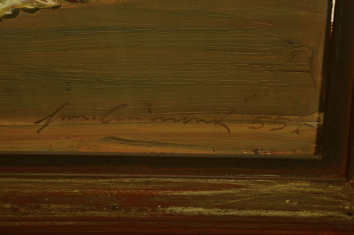 Detail a: Hermann Croissant, 1897-1963 Landau, Stillleben mit fleißigen Lieschen, Alpenveilchen und Quitten, Öl/Hartfaser, rechts unten signiert und dat. 55, ...