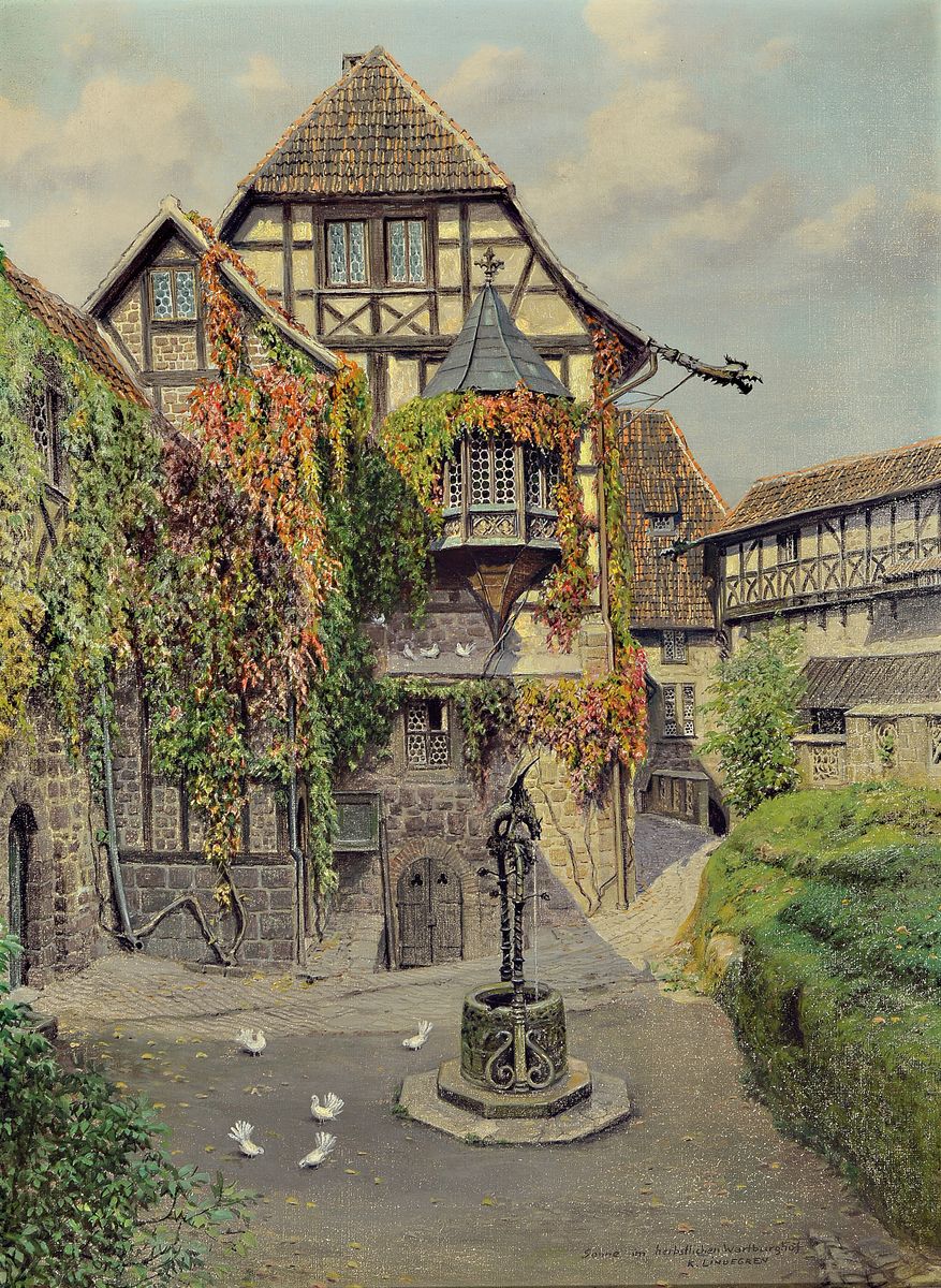 Karl Lindegren, 1887-1970, Sonne im herbstlichen Wartburghof, Öl/Lwd, betitelt und signiert, rechts unten, ca. 55x41cm, R. ca. 63x49cm