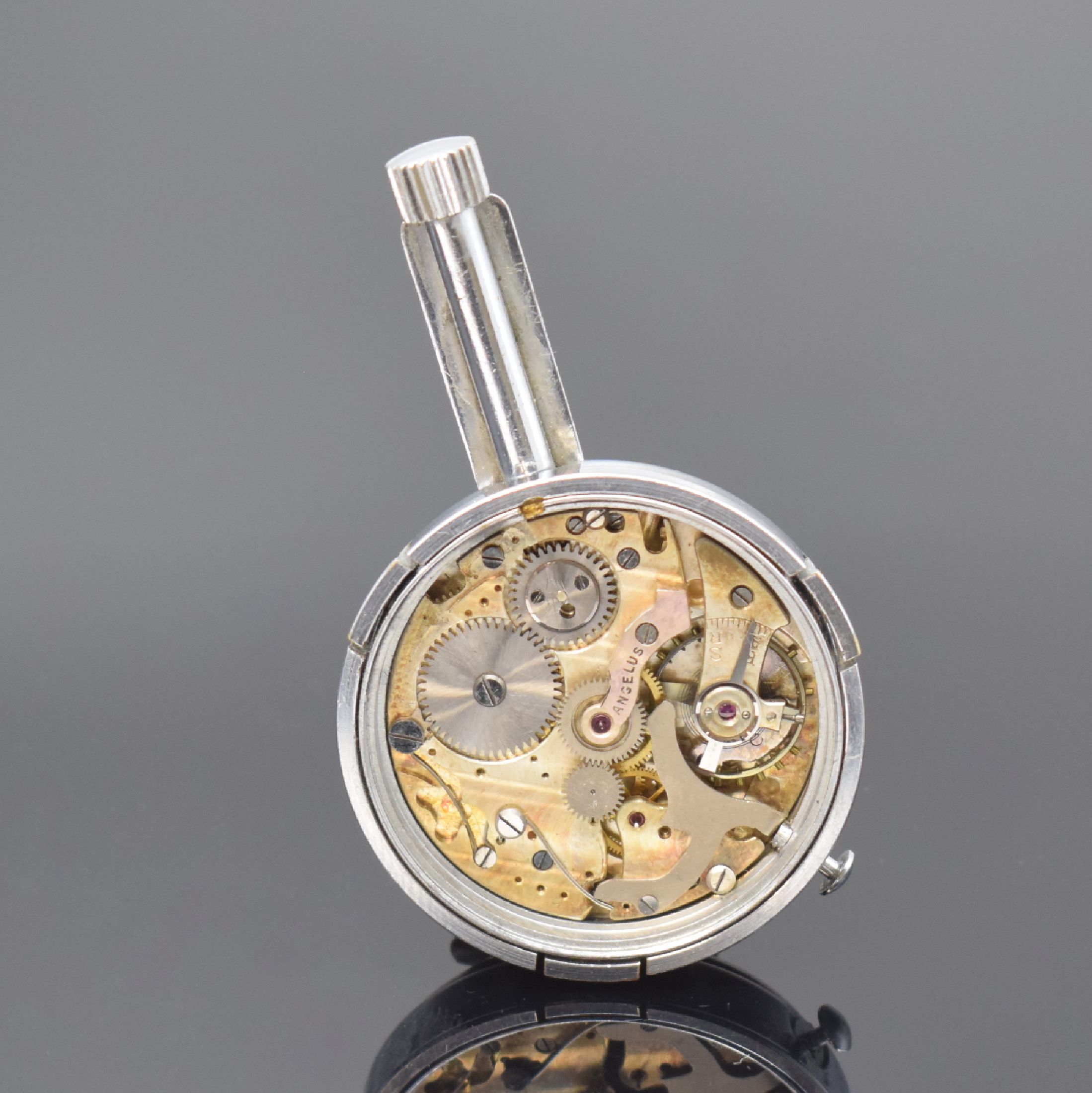 Detail c: ANGELUS / TELECO Einbauuhr mit Minutenzähler- Chronograph, Schweiz um 1945, Handaufzug, verchr. Geh., Aufzug b. 5, silb. Zifferbl., arab. Zahlen, ...