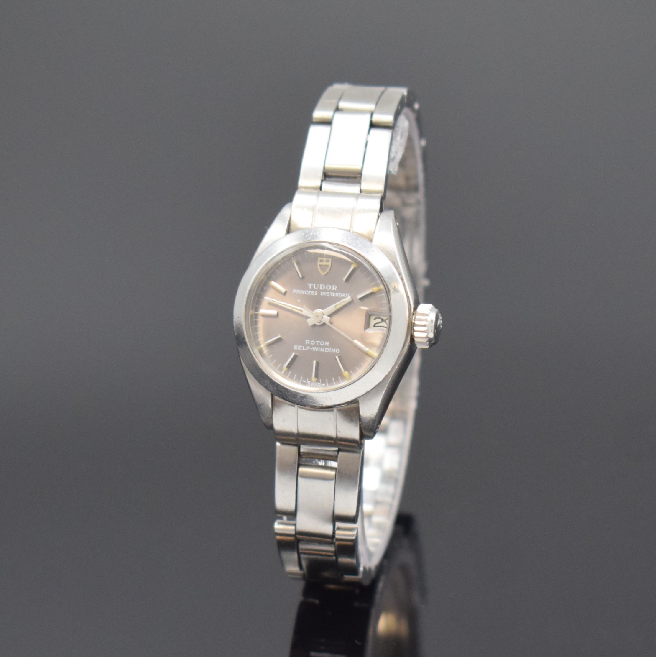 TUDOR Princess Oysterdate Damenarmbanduhr Referenz 7606/0 in Stahl/Stahlband, Schweiz um 1976, Automatik, verschr. ROLEX Oystergeh.,ROLEX-Oysterband ...