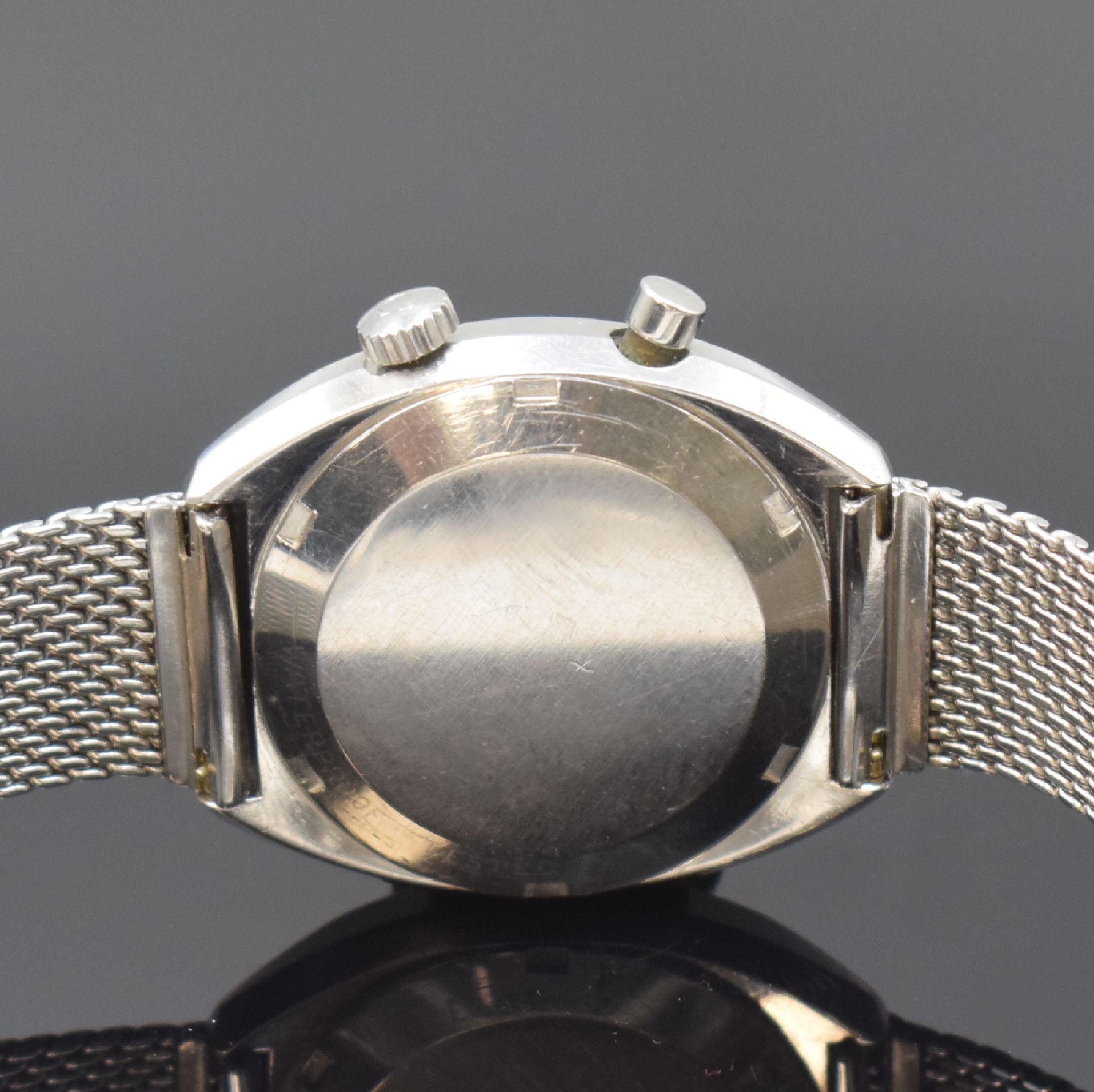 Detail d: OMEGA Chronostop Herrenarmbanduhr in Stahl/Stahlband Referenz 145.009, Schweiz um 1969, Handaufzug, verschr. Geh., Stahl Milanaiseband Nr. 27, graues ...