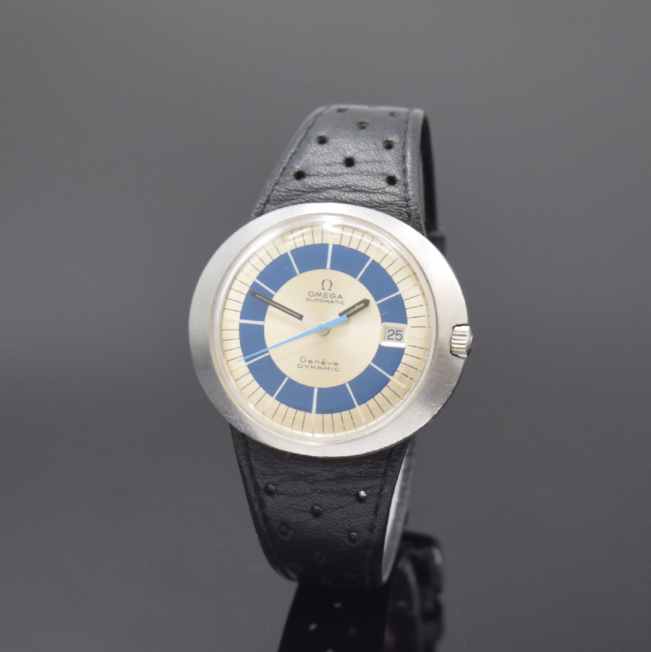 OMEGA Dynamic Automatic Herrenarmbanduhr in Stahl/Lederband Referenz 166.039, Schweiz um 1969, Automatik, Monocoque-Geh., orig. Glas u. Krone, silb. ...