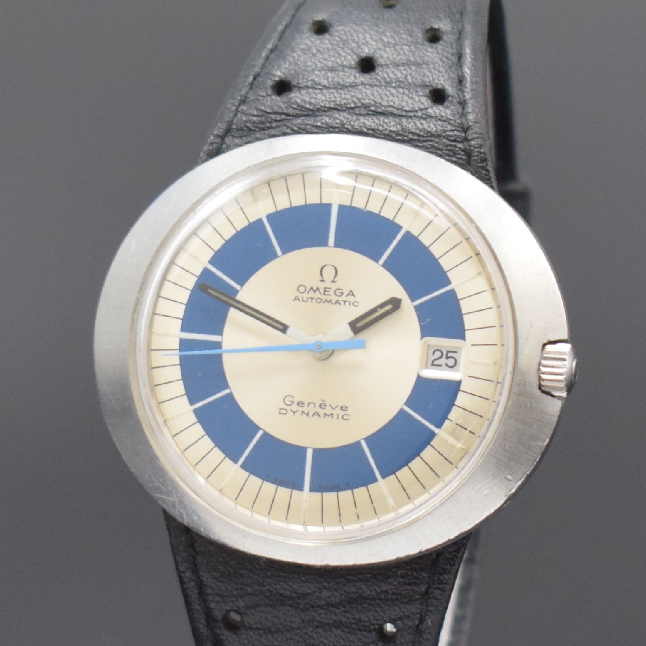 Detail a: OMEGA Dynamic Automatic Herrenarmbanduhr in Stahl/Lederband Referenz 166.039, Schweiz um 1969, Automatik, Monocoque-Geh., orig. Glas u. Krone, silb. ...