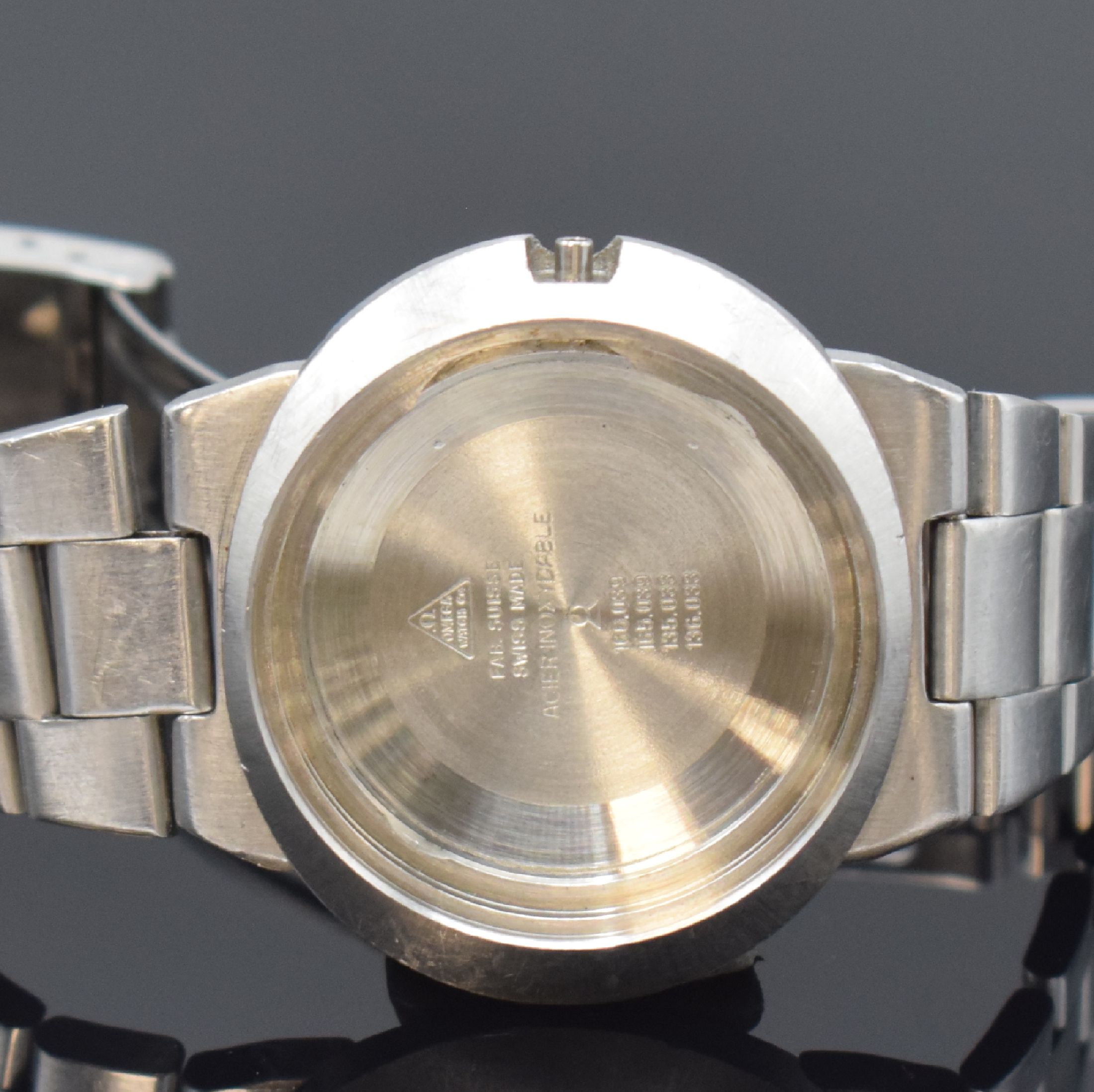 Detail e: OMEGA Dynamic Automatic Herrenarmbanduhr in Stahl/Stahlband Referenz 166.039, Schweiz um 1969, Automatik, Monocoque-Geh., Stahlband Ref. 1153/138, ...