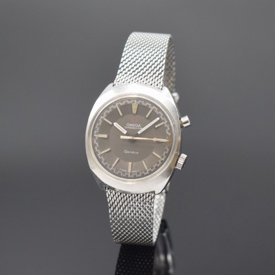 OMEGA Chronostop Herrenarmbanduhr in Stahl/Stahlband Referenz 145.009, Schweiz um 1969, Handaufzug, verschr. Geh., Stahl Milanaiseband Nr. 27, graues ...