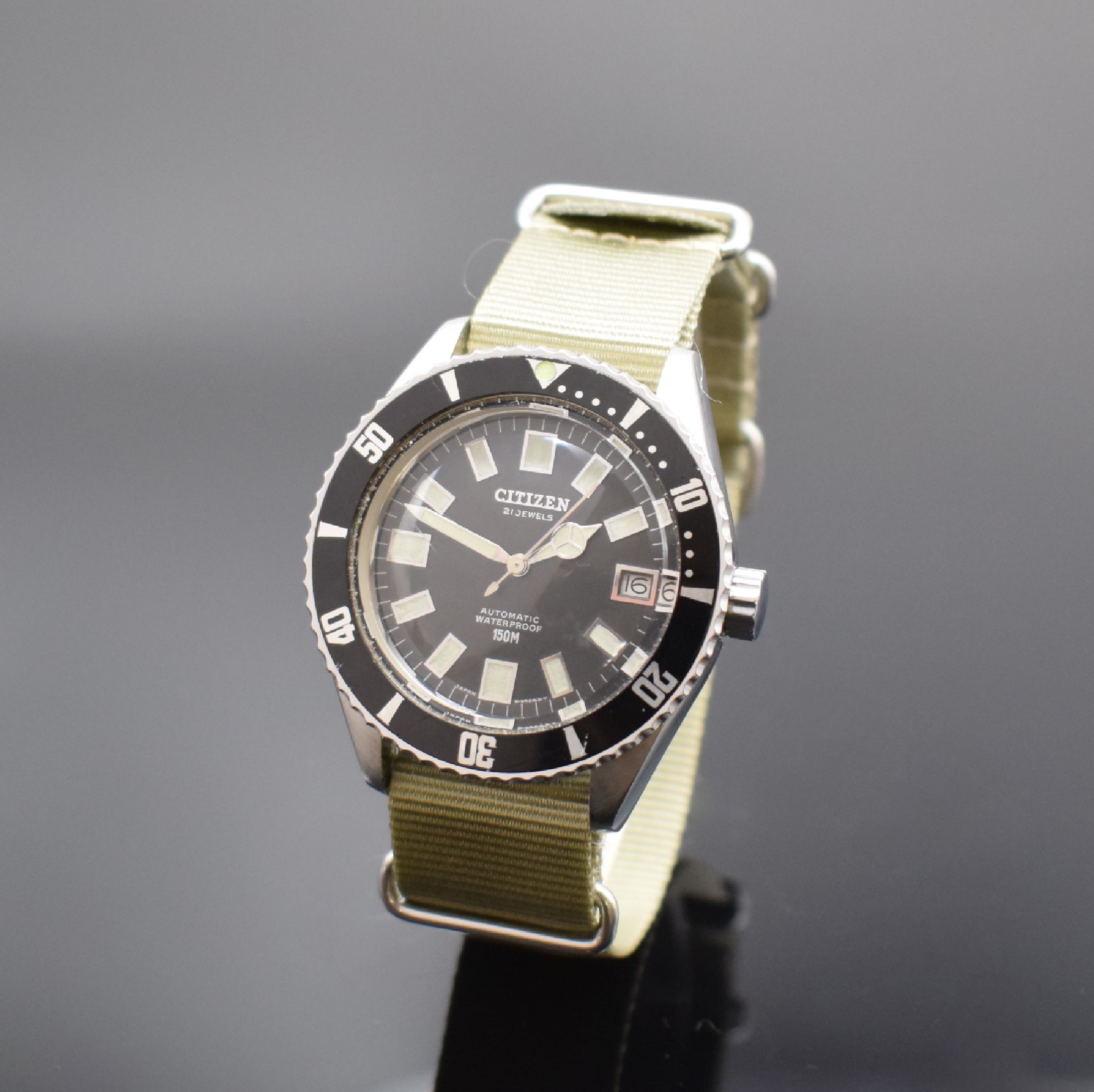 CITIZEN 150m Vintage-Taucheruhr in Stahl Referenz 62-5370, Japan um 1970, Automatik, verschr. Geh., beids. drehb. Lünette m. 60er- Tlg., Krone ...