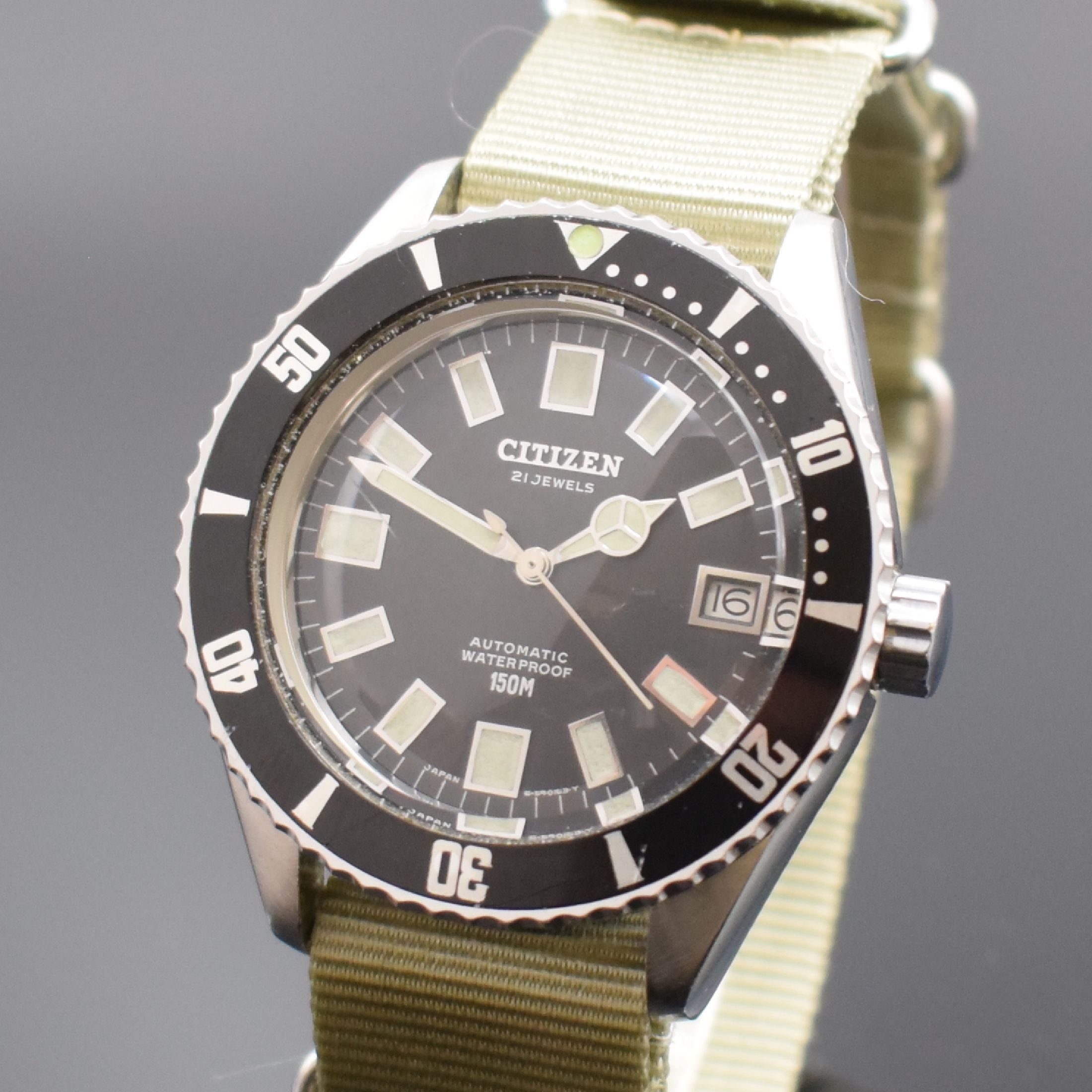 Detail a: CITIZEN 150m Vintage-Taucheruhr in Stahl Referenz 62-5370, Japan um 1970, Automatik, verschr. Geh., beids. drehb. Lünette m. 60er- Tlg., Krone ...