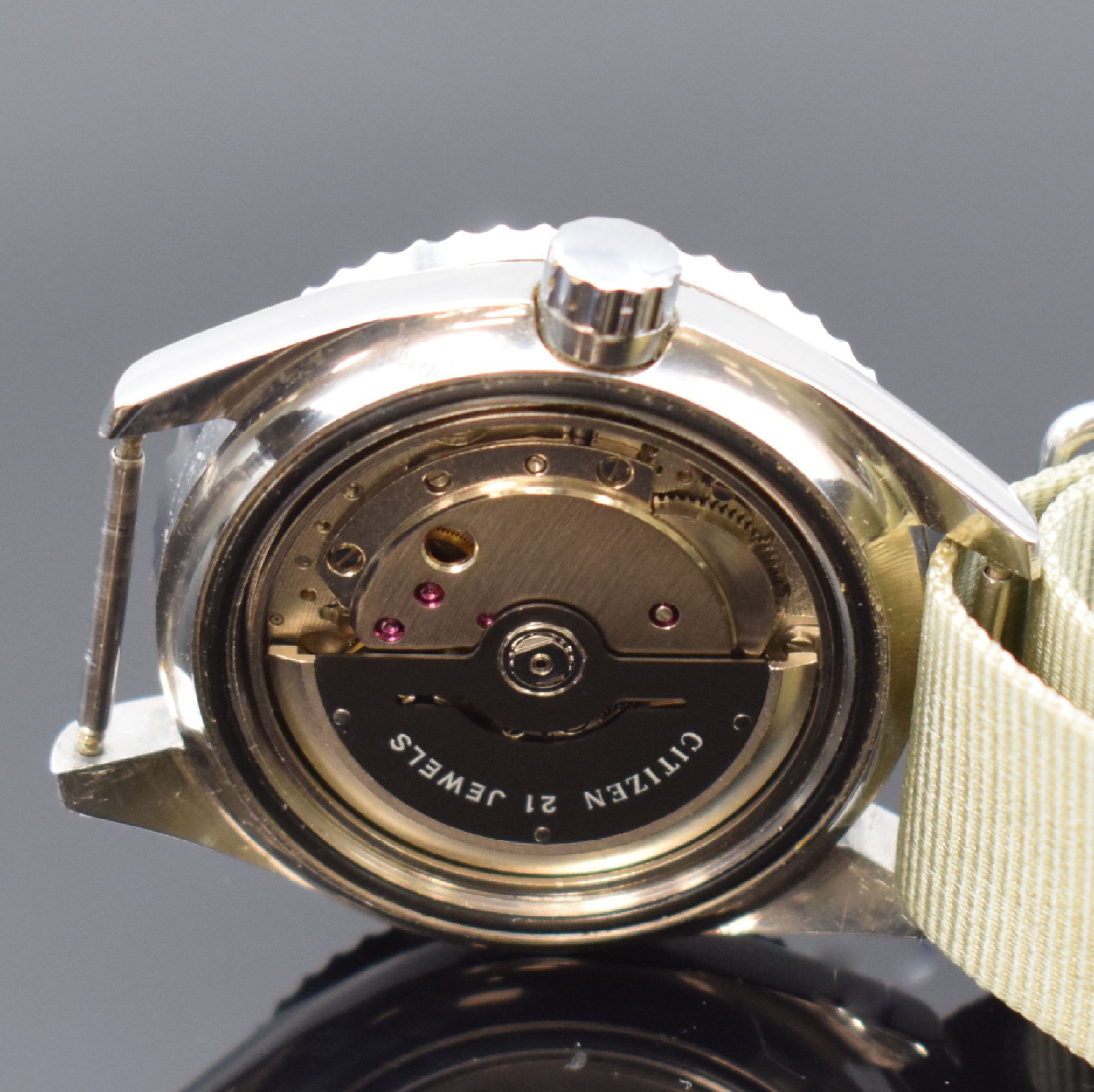 Detail d: CITIZEN 150m Vintage-Taucheruhr in Stahl Referenz 62-5370, Japan um 1970, Automatik, verschr. Geh., beids. drehb. Lünette m. 60er- Tlg., Krone ...