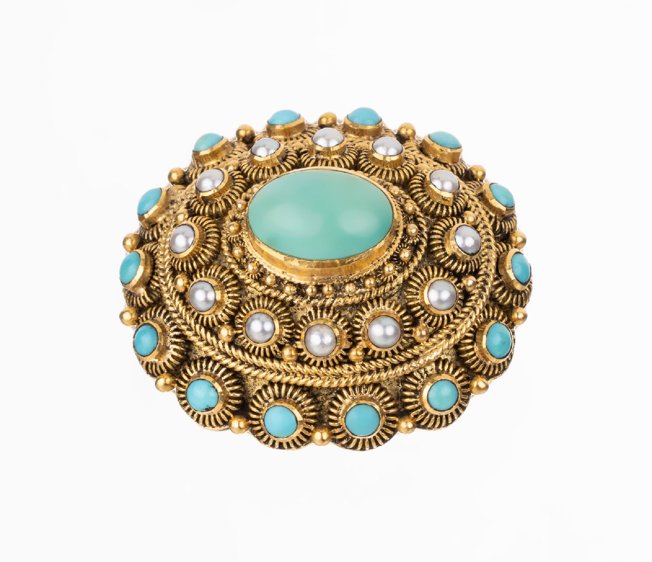 Detail a: 18 kt Gold Türkis-Perl-Brosche, GG 750/000 gepr., aufwendige Filigranarbeit, Aufbau in mehreren Ebenen, Türkis-Cabochons, kl. Zuchtperlen, ca. 3.6 ...