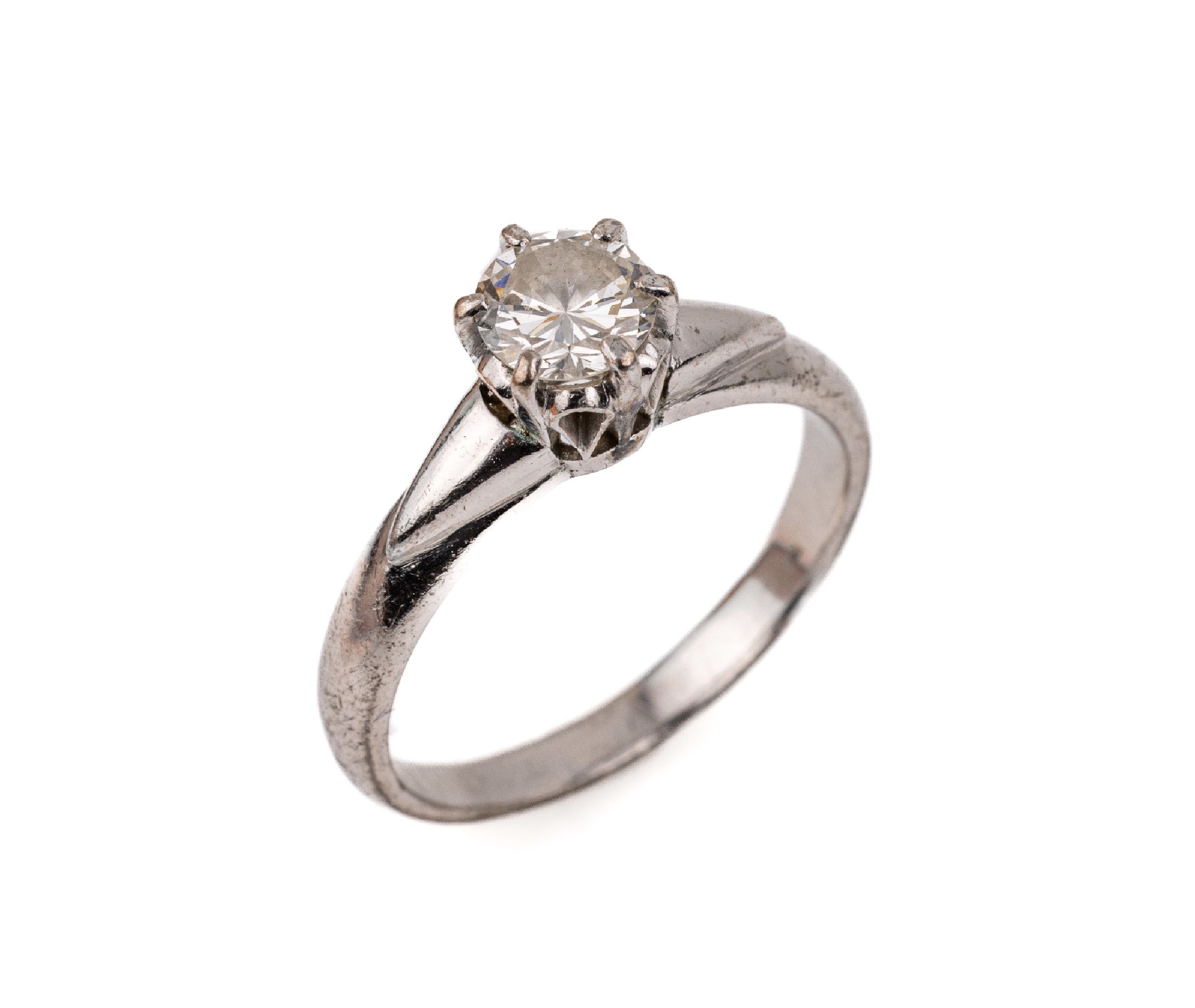 14 kt Gold Brillant-Ring, WG 585/000 gepr.,einzelner Brillant ca. 0.50 ct feines Weiß -Weiß/vvs-vs,, RW 51, ca. 2.4 g