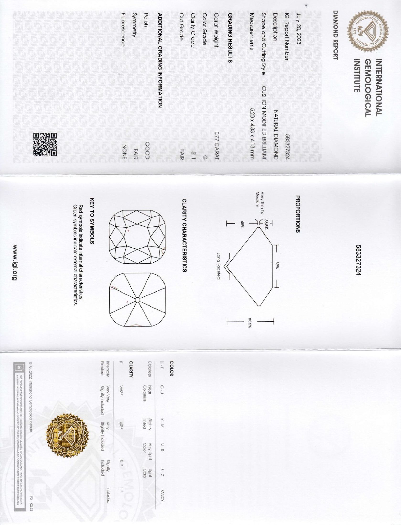 Detail b: Loser Diamant im modifizierten Kissenschliff 0.77 ct feines Weiß(G)/si1, IGI-Report 07/23, verschweißt