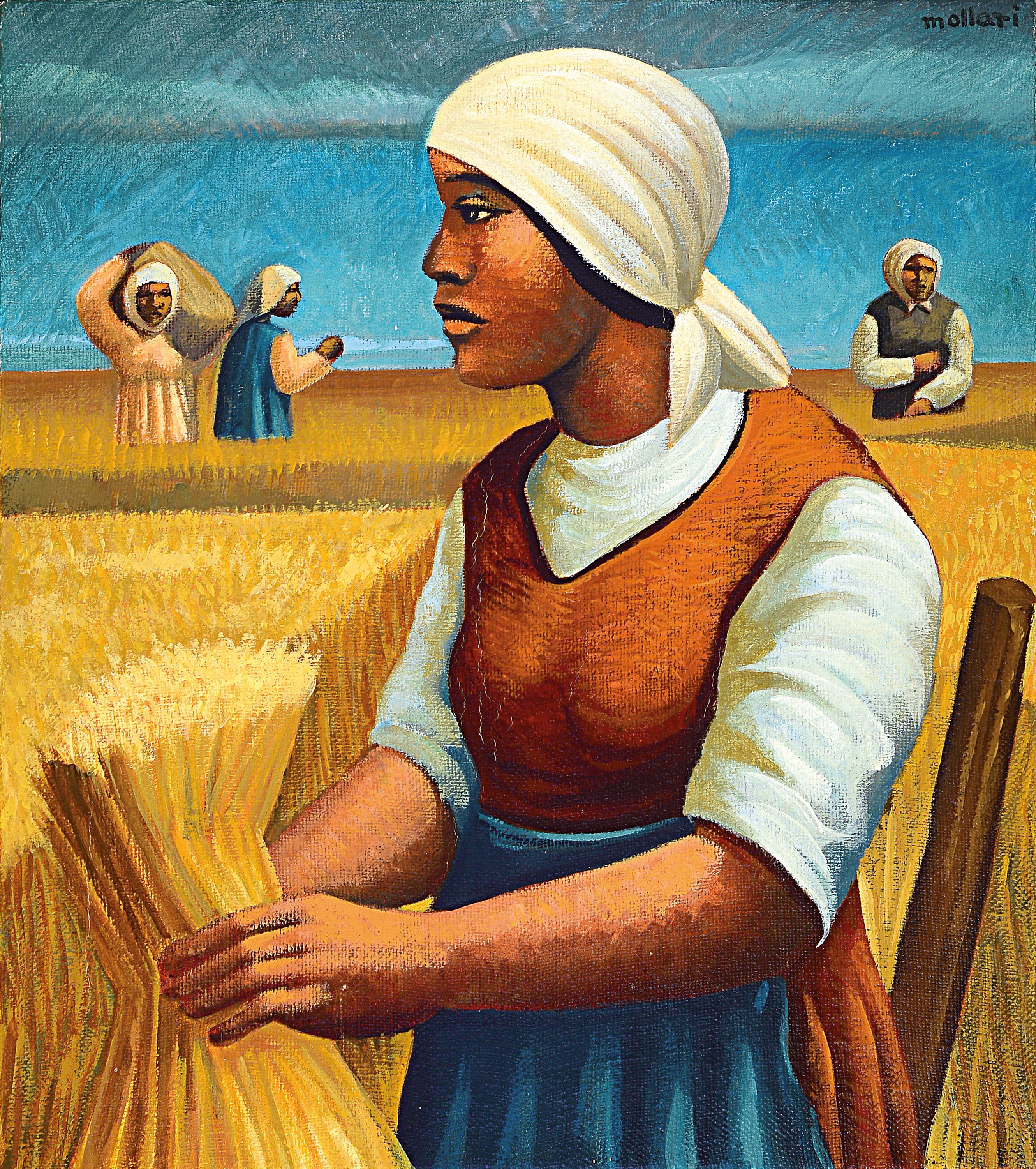 Mario Mollari, 1930 Buenos Aires - 2010, argentinischer Maler, bäuerliche Szenerie , Frauen bei der Kornernte, Öl/Lwd, signiert, ca. 80 x 70 cm, ...