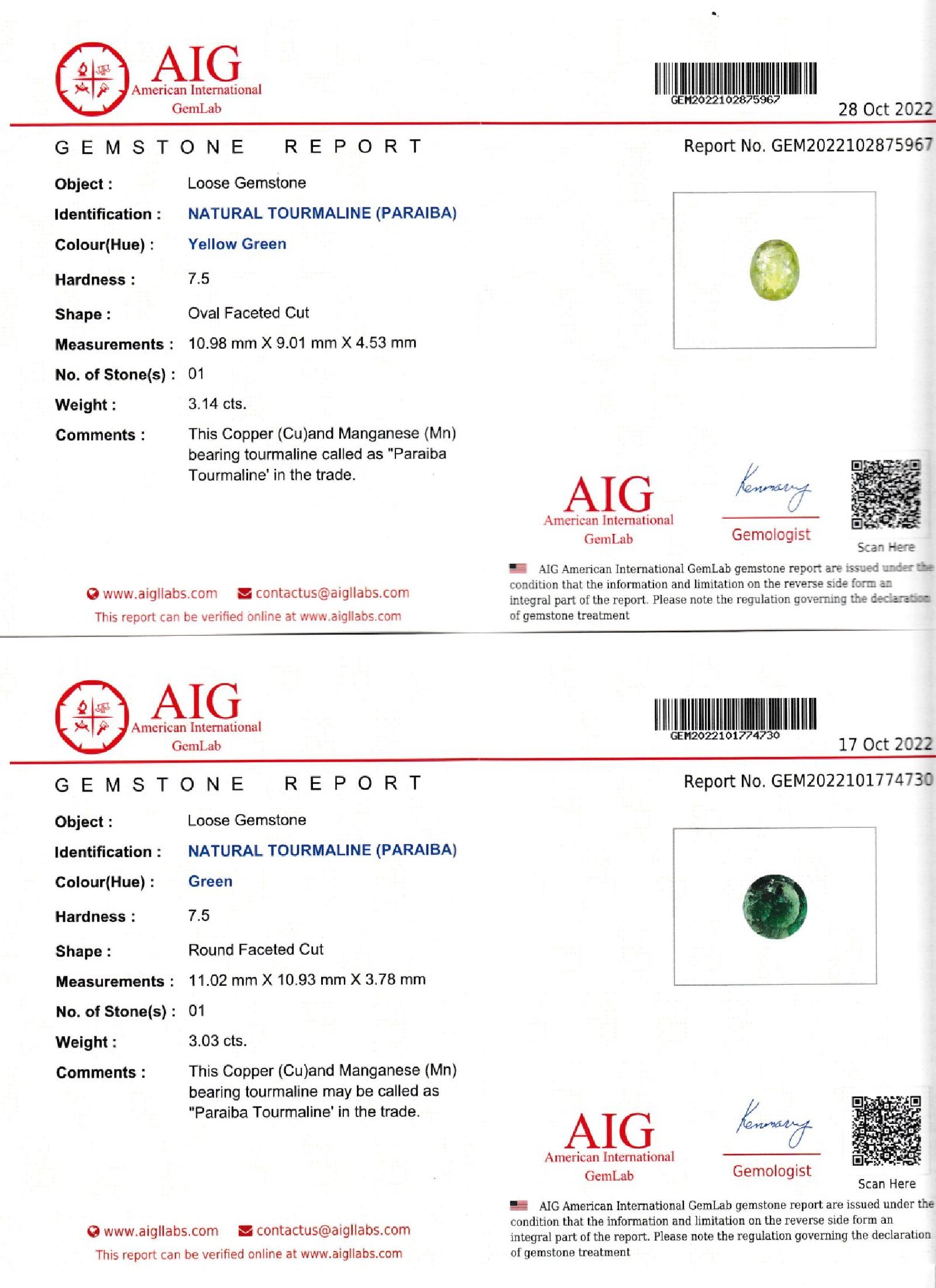 Detail b: Konvolut 5 lose nat. PARAIBA Turmaline: 1 x im Tropfenschliff 5.50 ct, Green, 13.08 x 10.26 x 6.40 mm; 1 x ovalfacett. 3.14 ct, Yellow Green, 10.98 ...