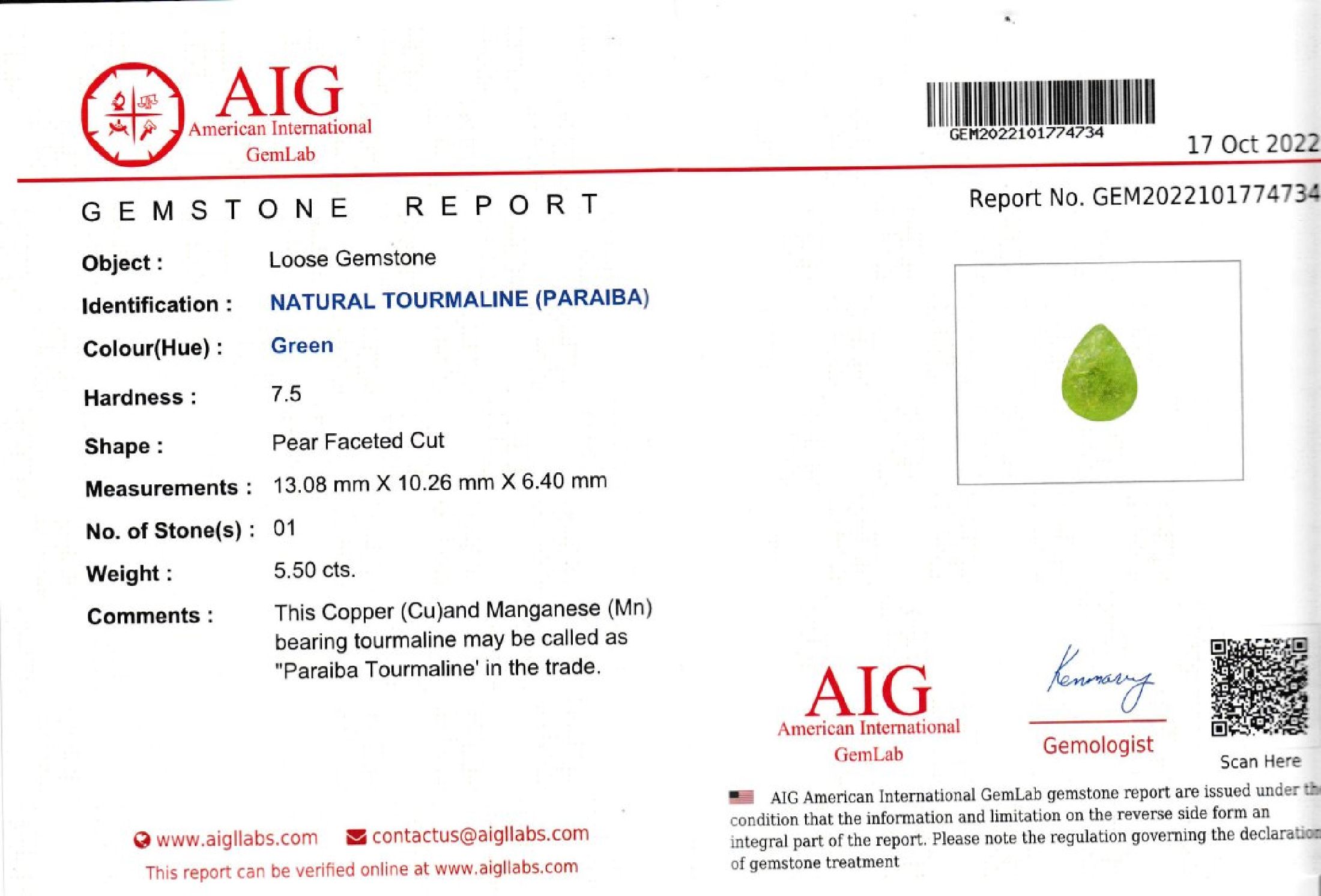 Detail d: Konvolut 5 lose nat. PARAIBA Turmaline: 1 x im Tropfenschliff 5.50 ct, Green, 13.08 x 10.26 x 6.40 mm; 1 x ovalfacett. 3.14 ct, Yellow Green, 10.98 ...